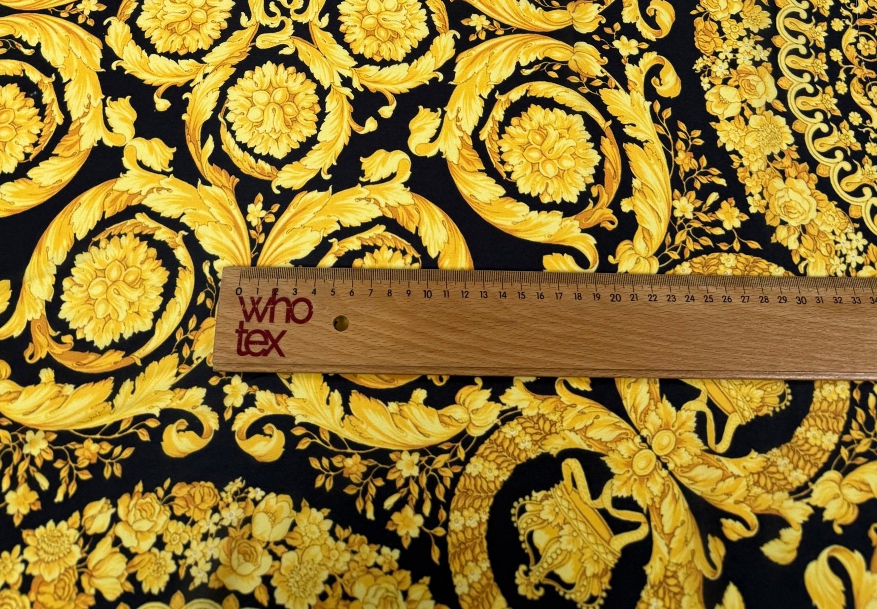 Gold Baroque Medallion Moss Crepe Fabric by the Metre - Whotex Fabrics London