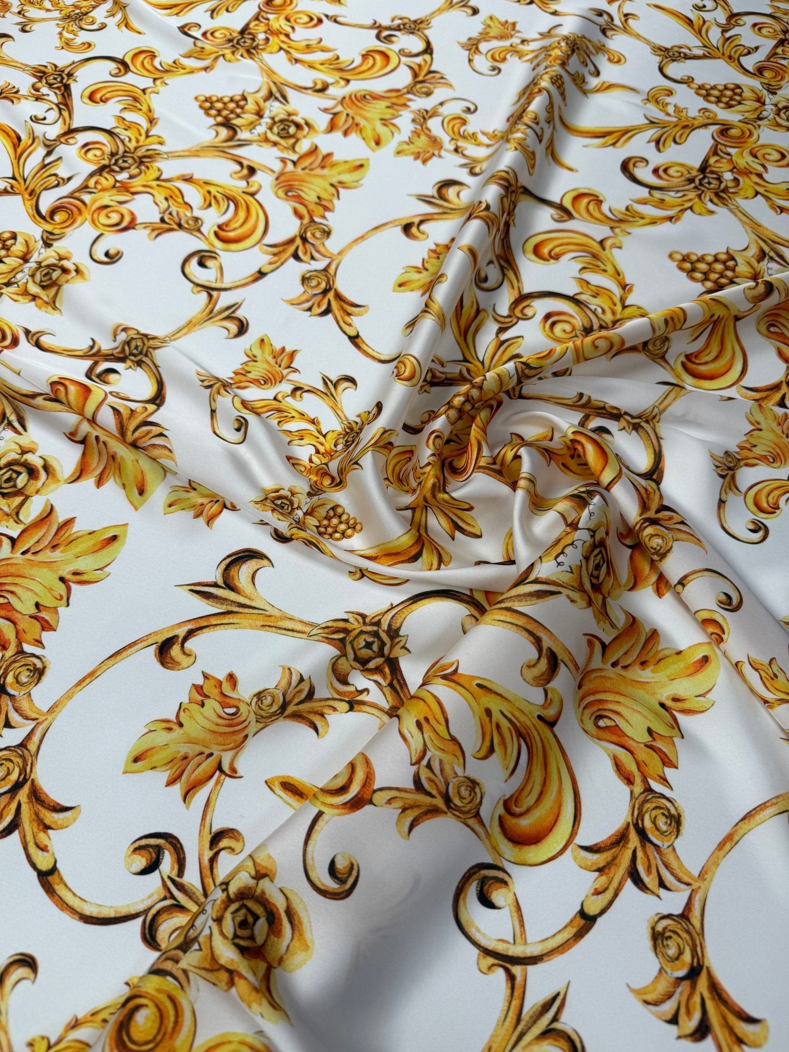 Gold Baroque Print Satin Fabric by the Metre - Whotex Fabrics London