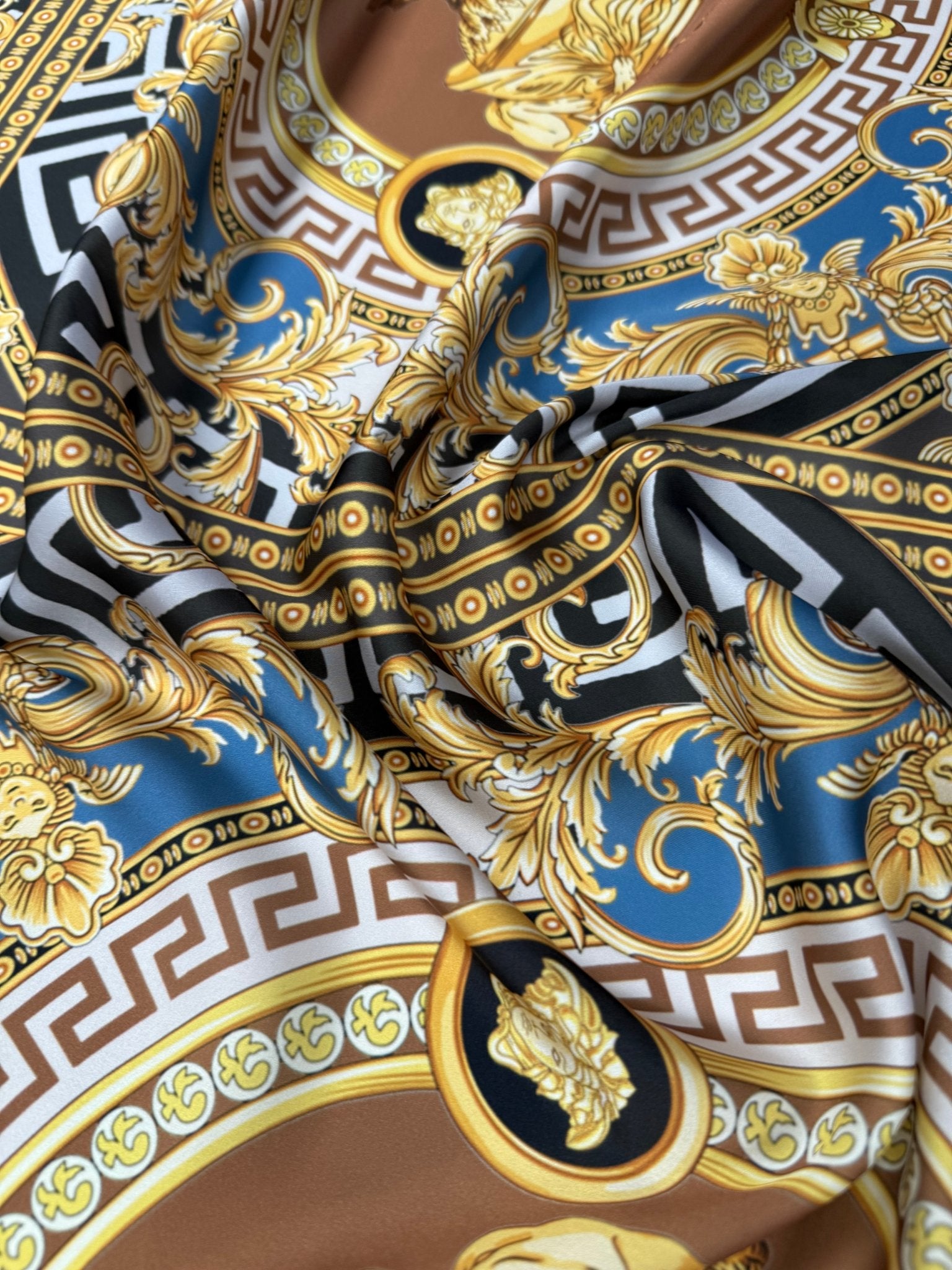 Gold Blue Baroque Satin Fabric by the Metre - Whotex Fabrics London