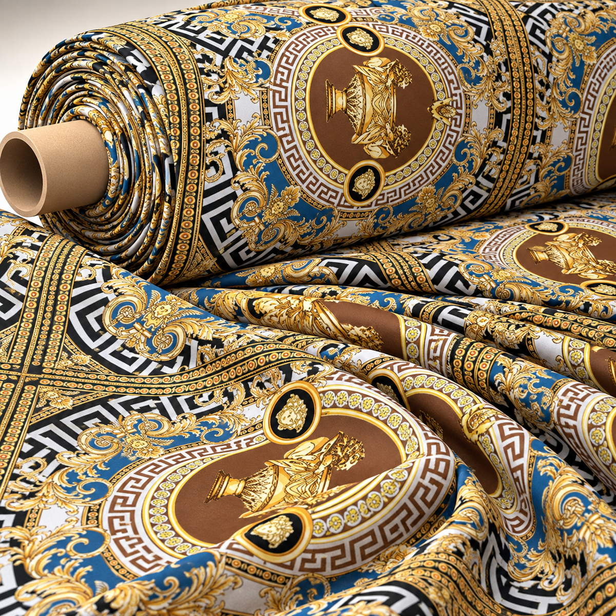 Gold Blue Baroque Satin Fabric by the Metre - Whotex Fabrics London