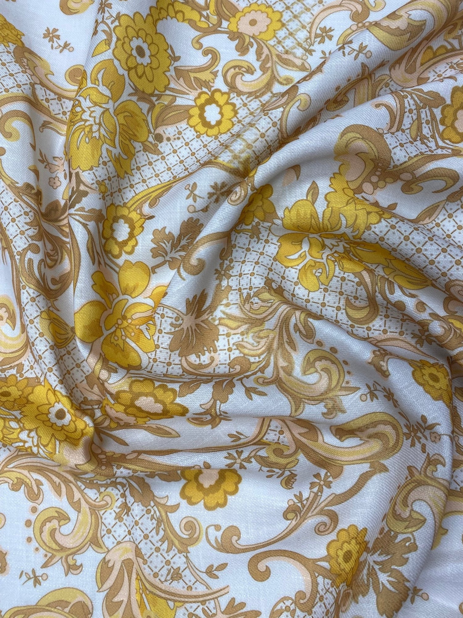 Gold Floral Baroque Poly Linen Fabric by the Metre - Whotex Fabrics London