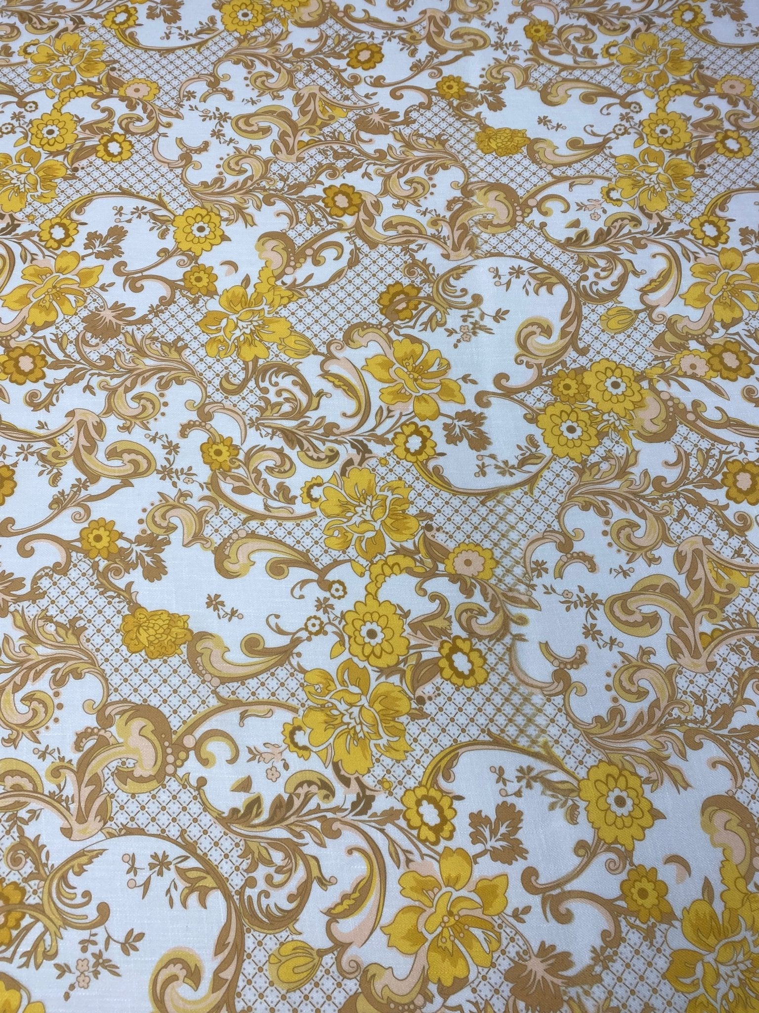 Gold Floral Baroque Poly Linen Fabric by the Metre - Whotex Fabrics London