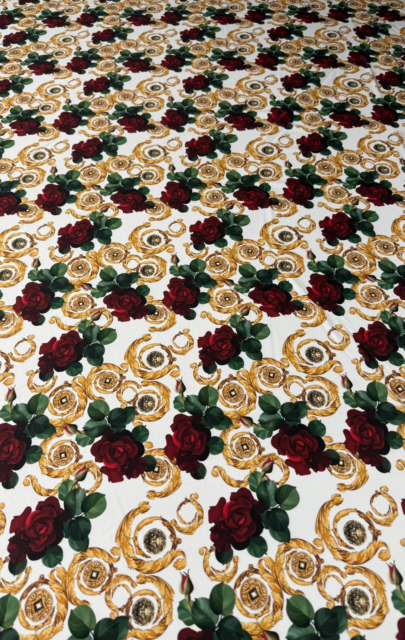 Gold Red Rose Patterned White Fabric – Fabric by Metre, Multiple Options for Sewing & Dressmaking - Whotex Fabrics London