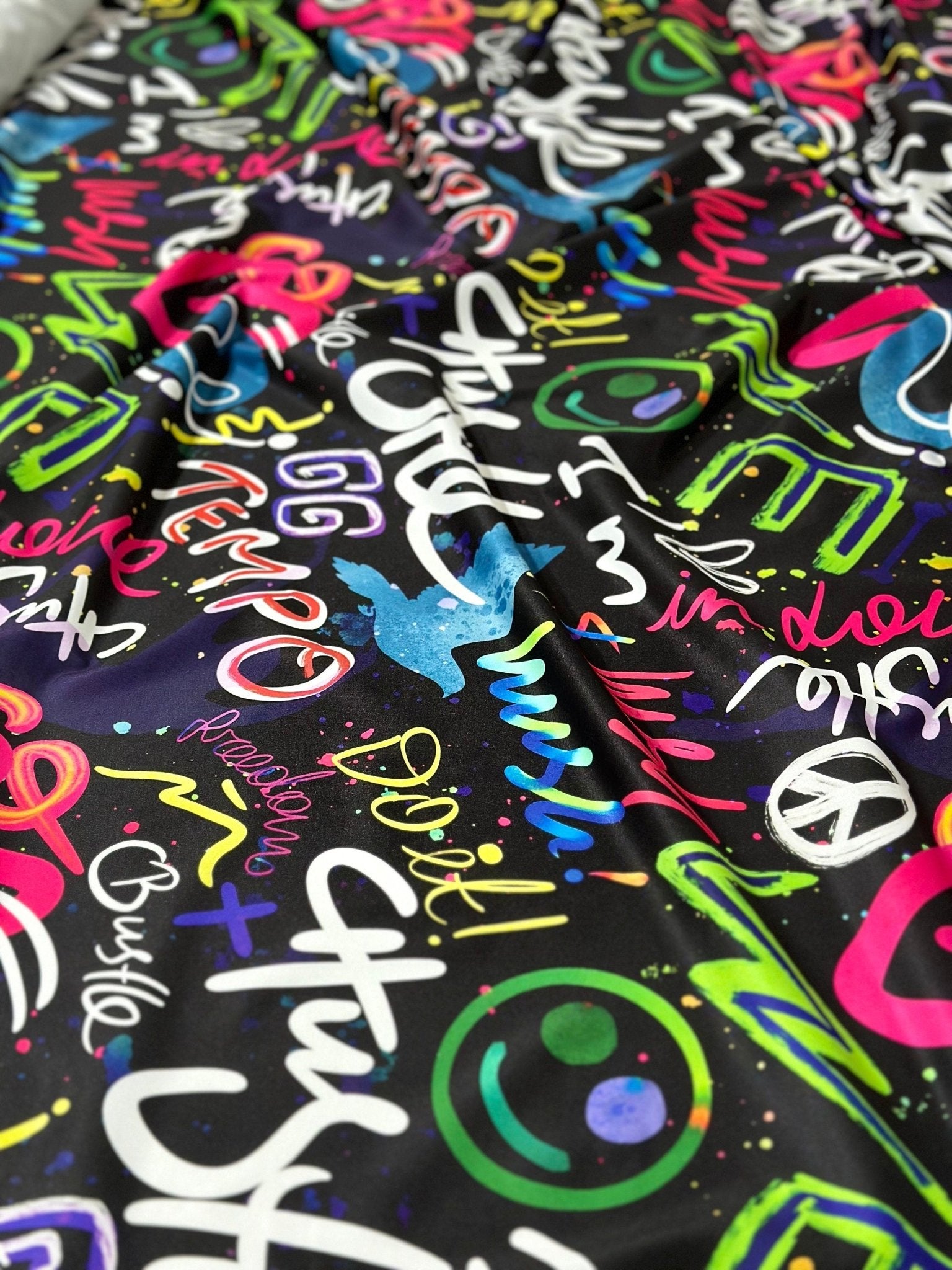 Graffiti Street Art Fabric, Vibrant Neon Lettering & Urban Design On Black - Whotex Online Fabric Store