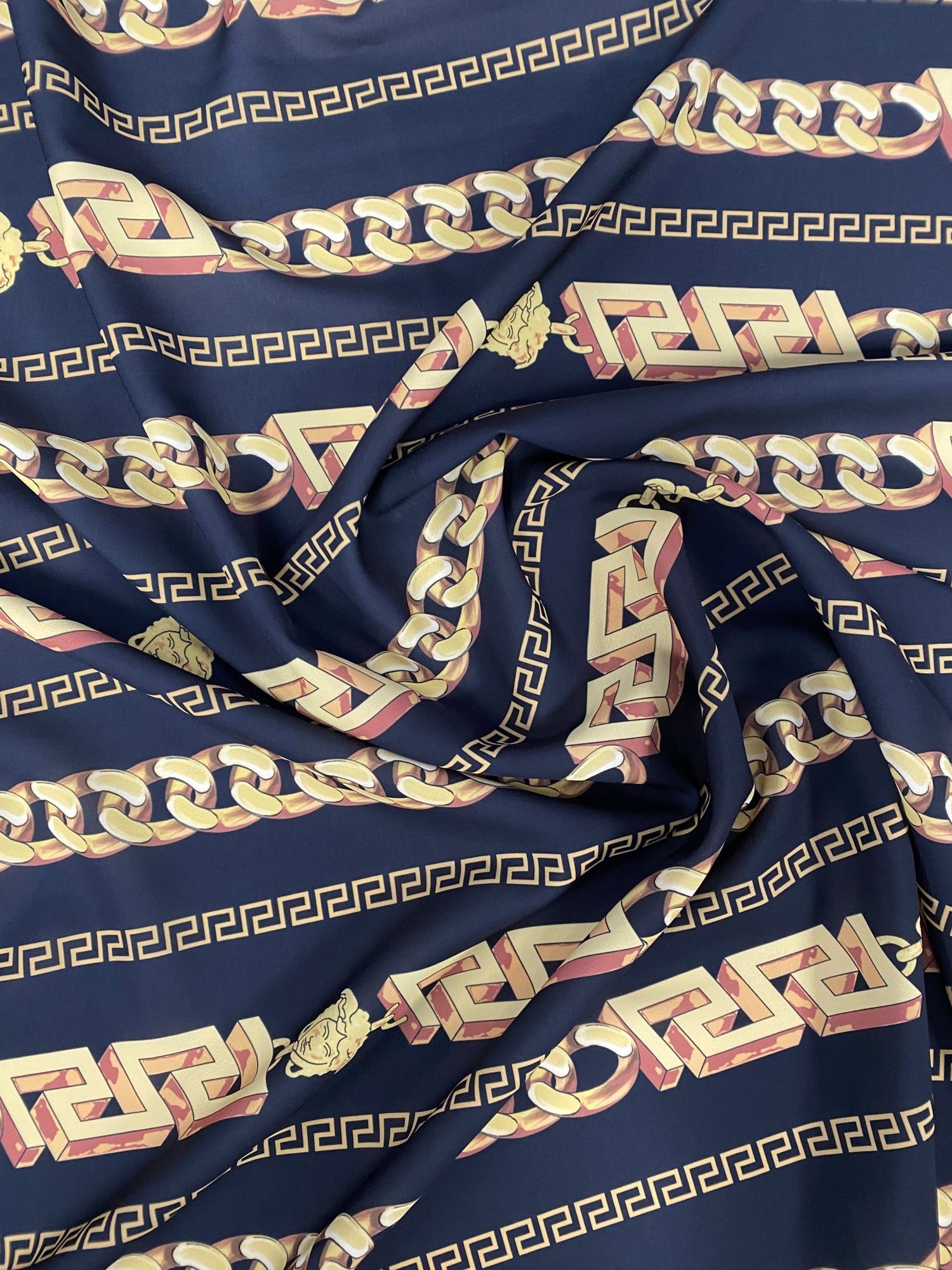 Greek Key Black and Gold Pattern Fabric – Available in Satin, Crepe, Spandex & Chiffon | By Metre - Whotex Fabrics London