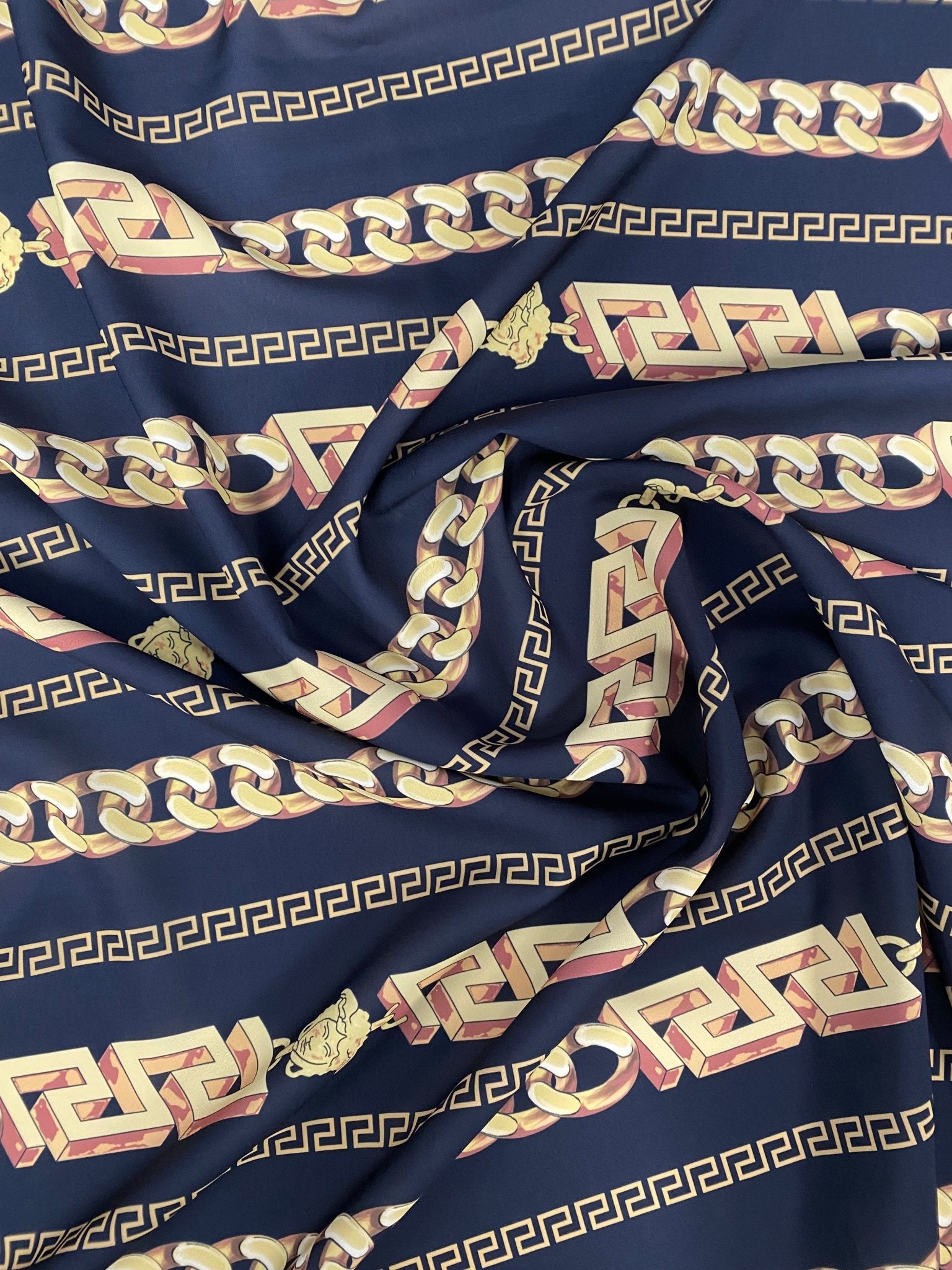 Greek Key Black and Gold Pattern Fabric – Available in Satin, Crepe, Spandex & Chiffon | By Metre - Whotex Fabrics London