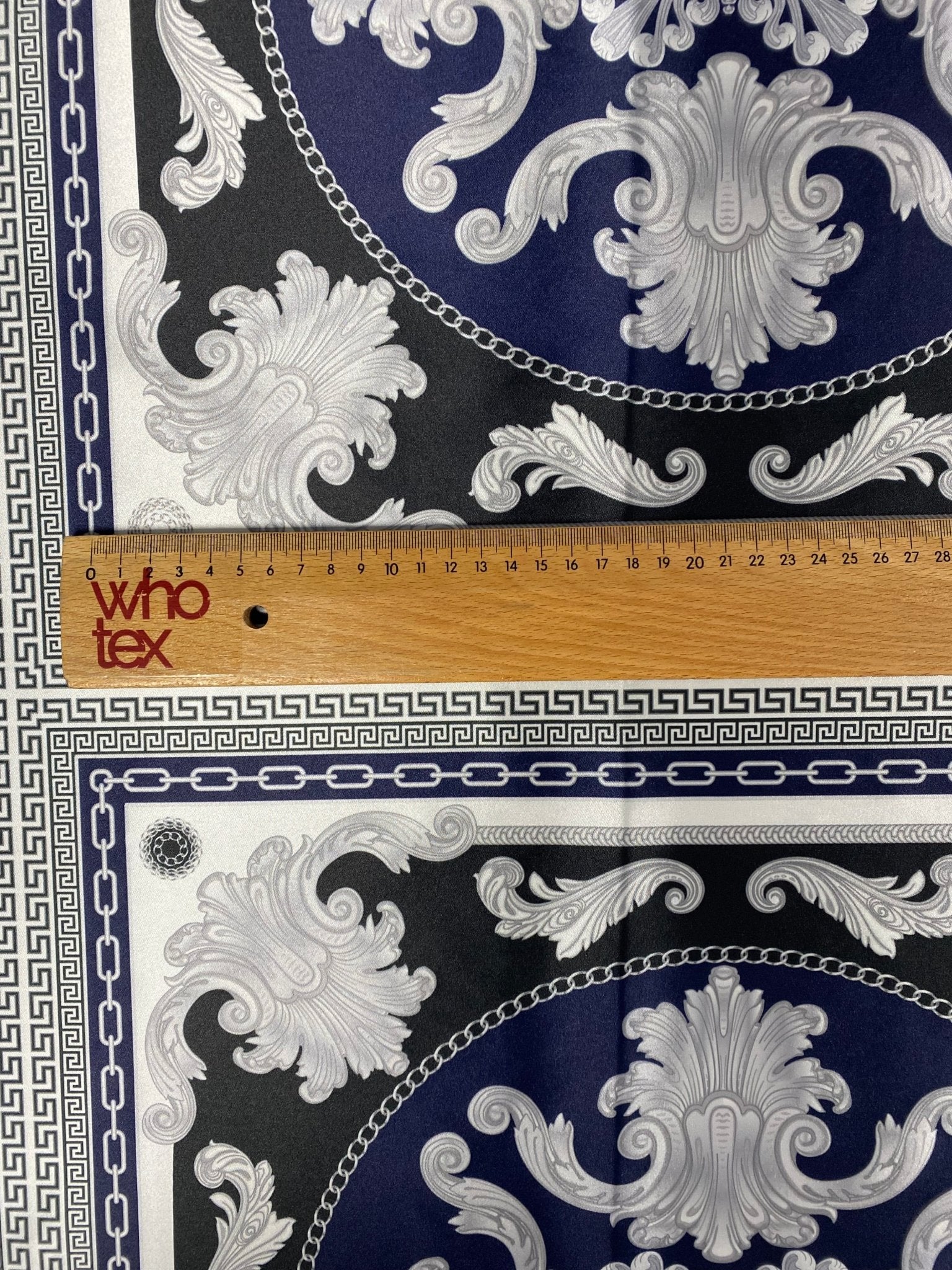 Greek Key Pattern with Navy Blue Baroque Fabric – Available in Satin, Crepe, Spandex & Chiffon | By Metre - Whotex Fabrics London