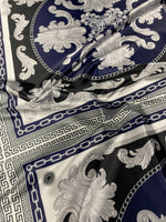 Greek Key Pattern with Navy Blue Baroque Fabric – Available in Satin, Crepe, Spandex & Chiffon | By Metre - Whotex Fabrics London