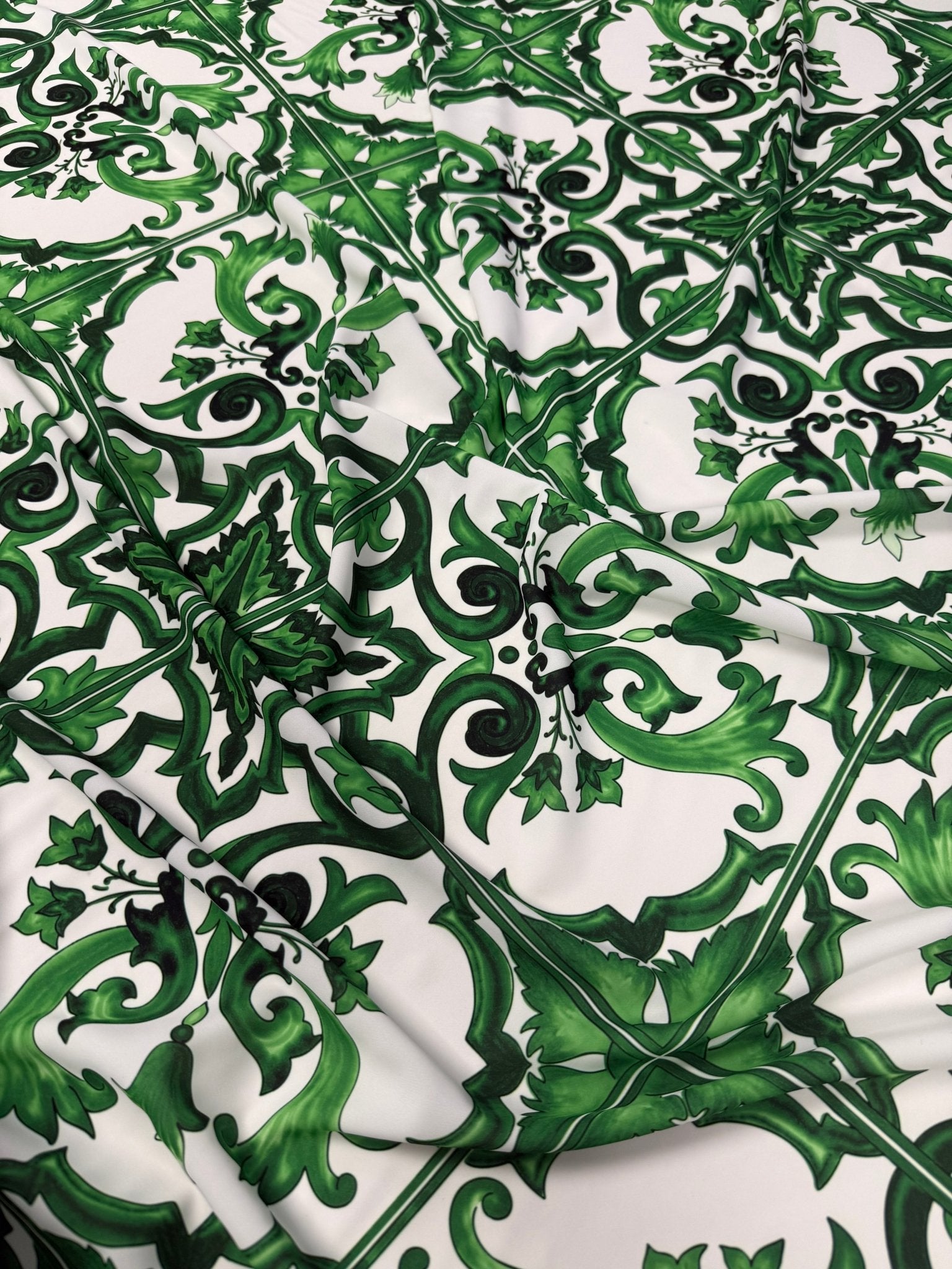 Green Baroque Crepe Fabric by the Metre - Whotex Fabrics London