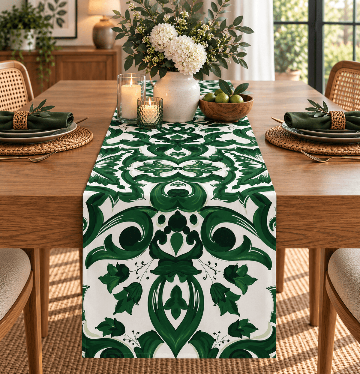 Green Baroque Floral Printed Table Runner - Whotex Fabrics London