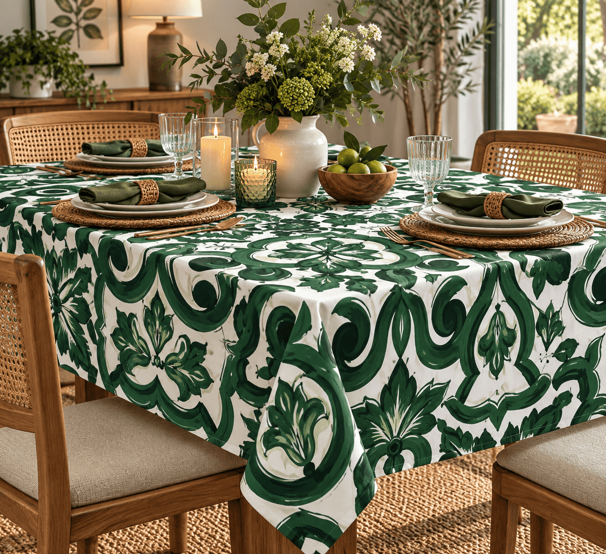 Green Baroque Floral Printed Tablecloth - Whotex Fabrics London