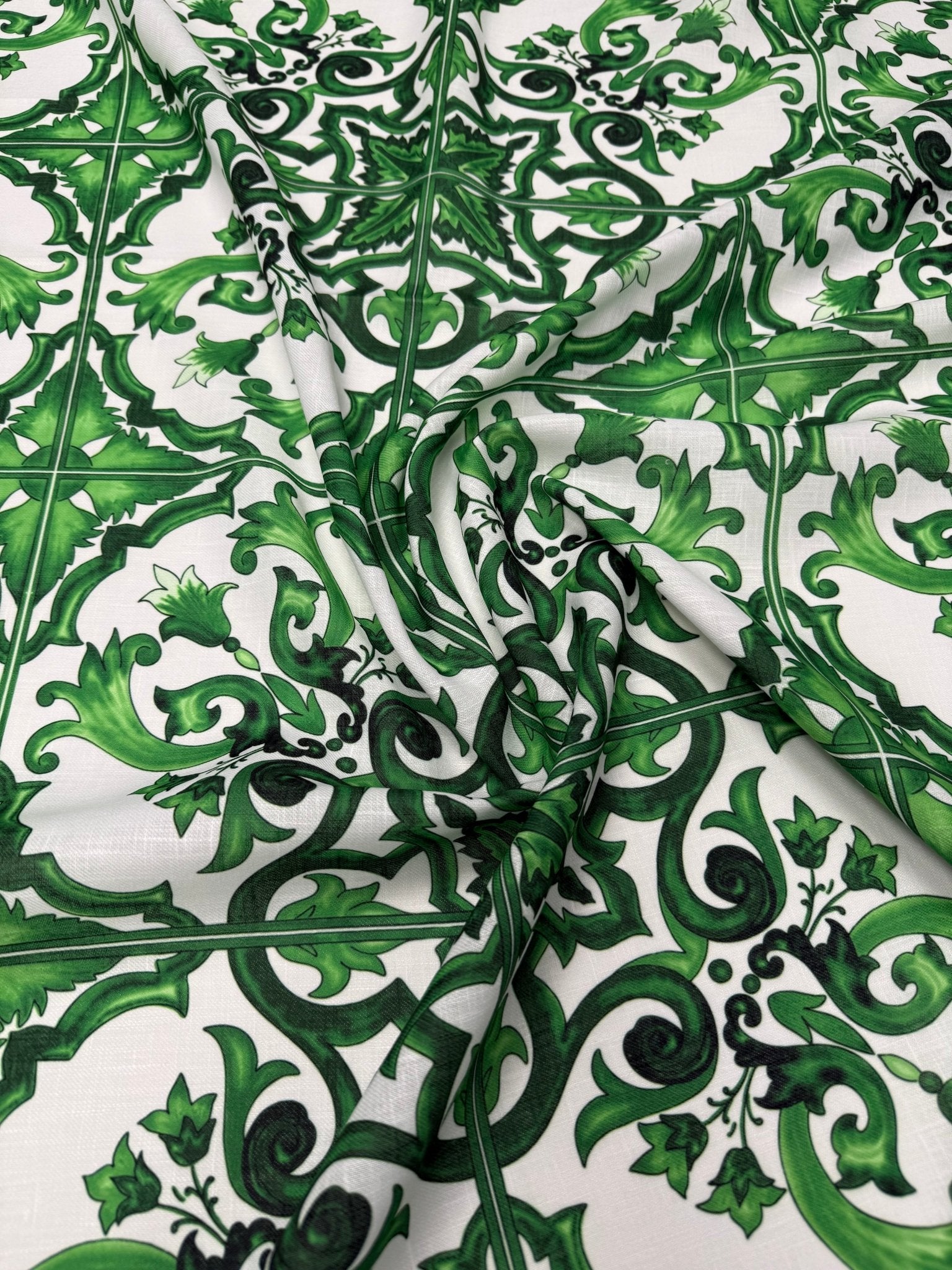 Green Baroque Print Linen Fabric by the Metre - Whotex Fabrics London