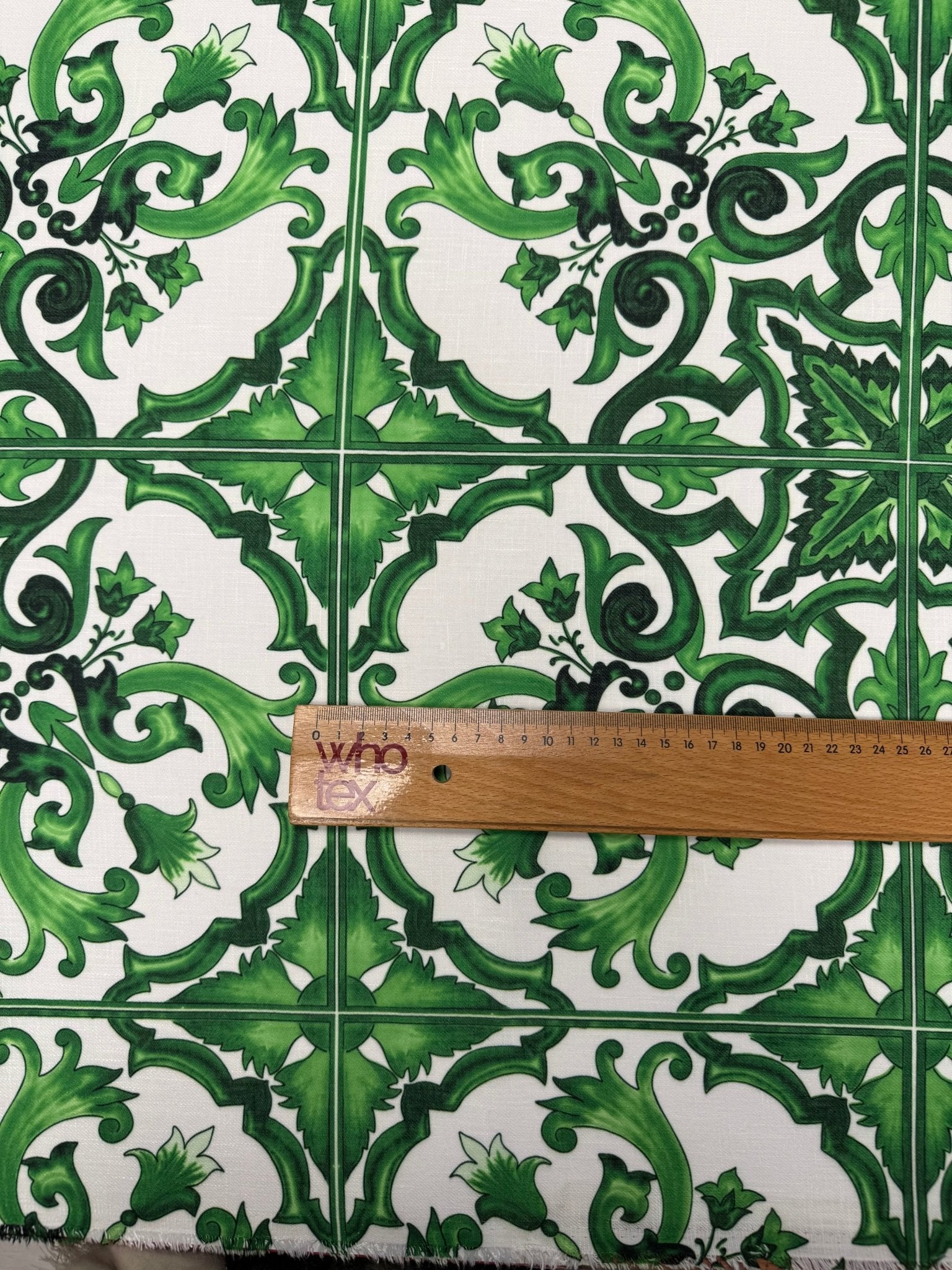 Green Baroque Print Linen Fabric by the Metre - Whotex Fabrics London