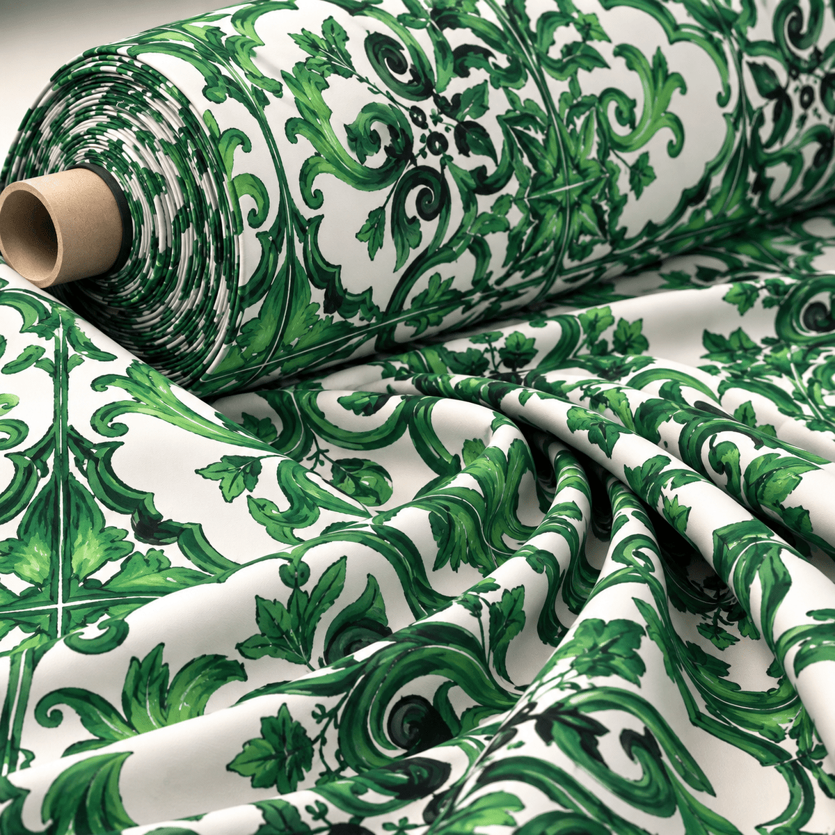 Green Baroque Print Poly Linen Fabric by the Metre - Whotex Fabrics London