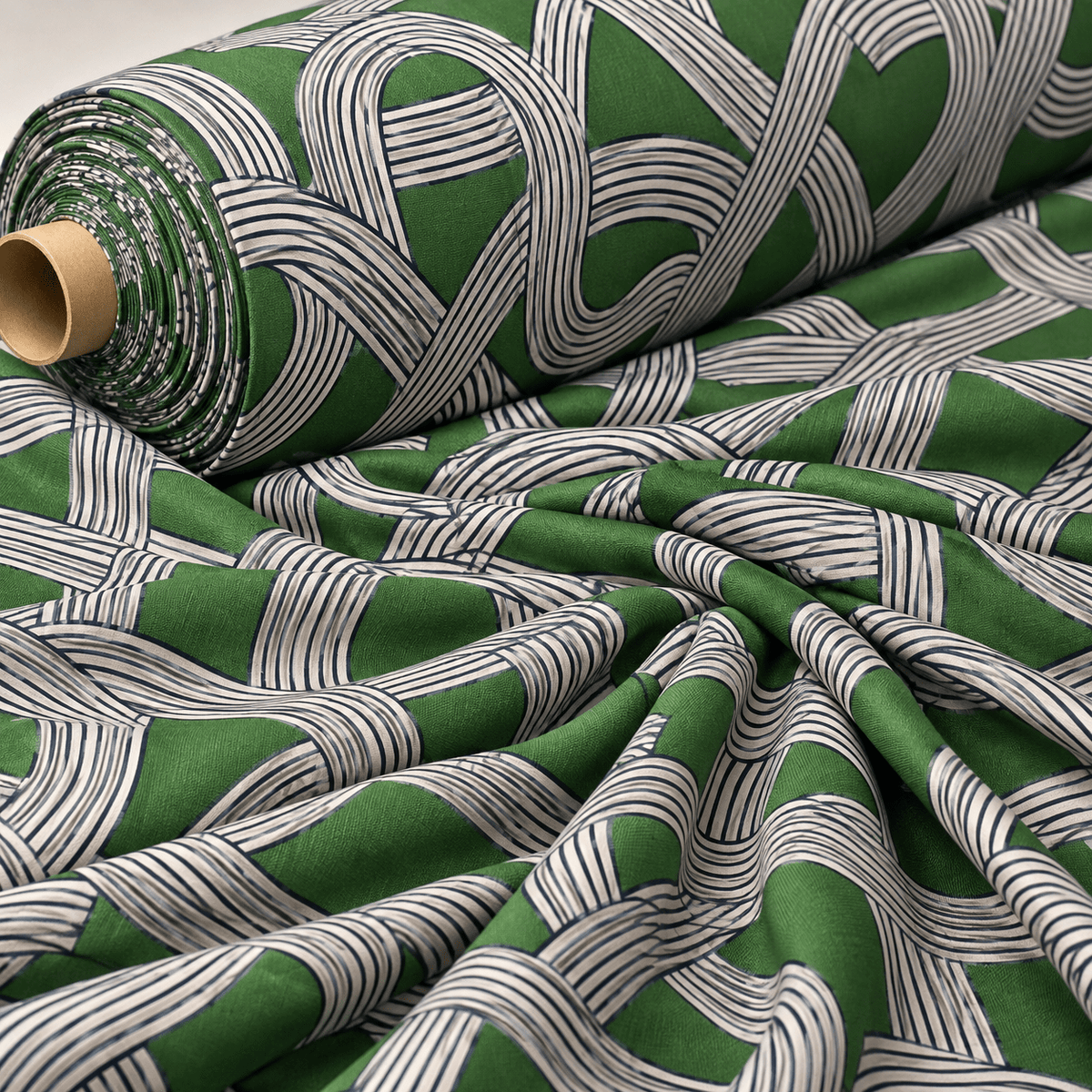 Green Geometric Pattern Fabric by the Metre - Whotex Fabrics London