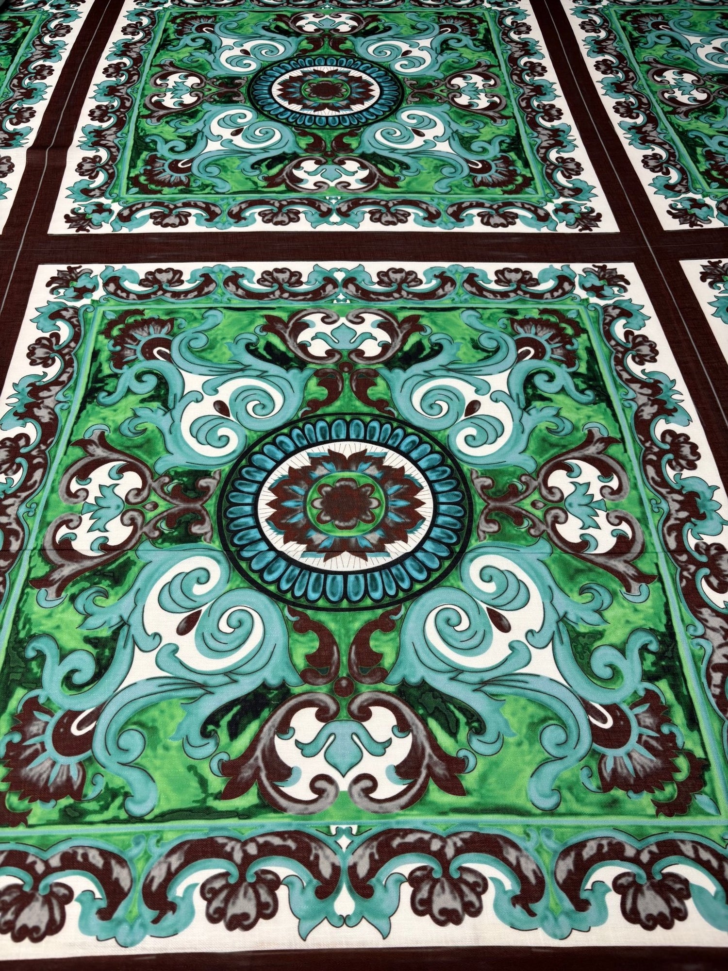 Green Ornamental Linen Fabric by the Metre - Whotex Fabrics London