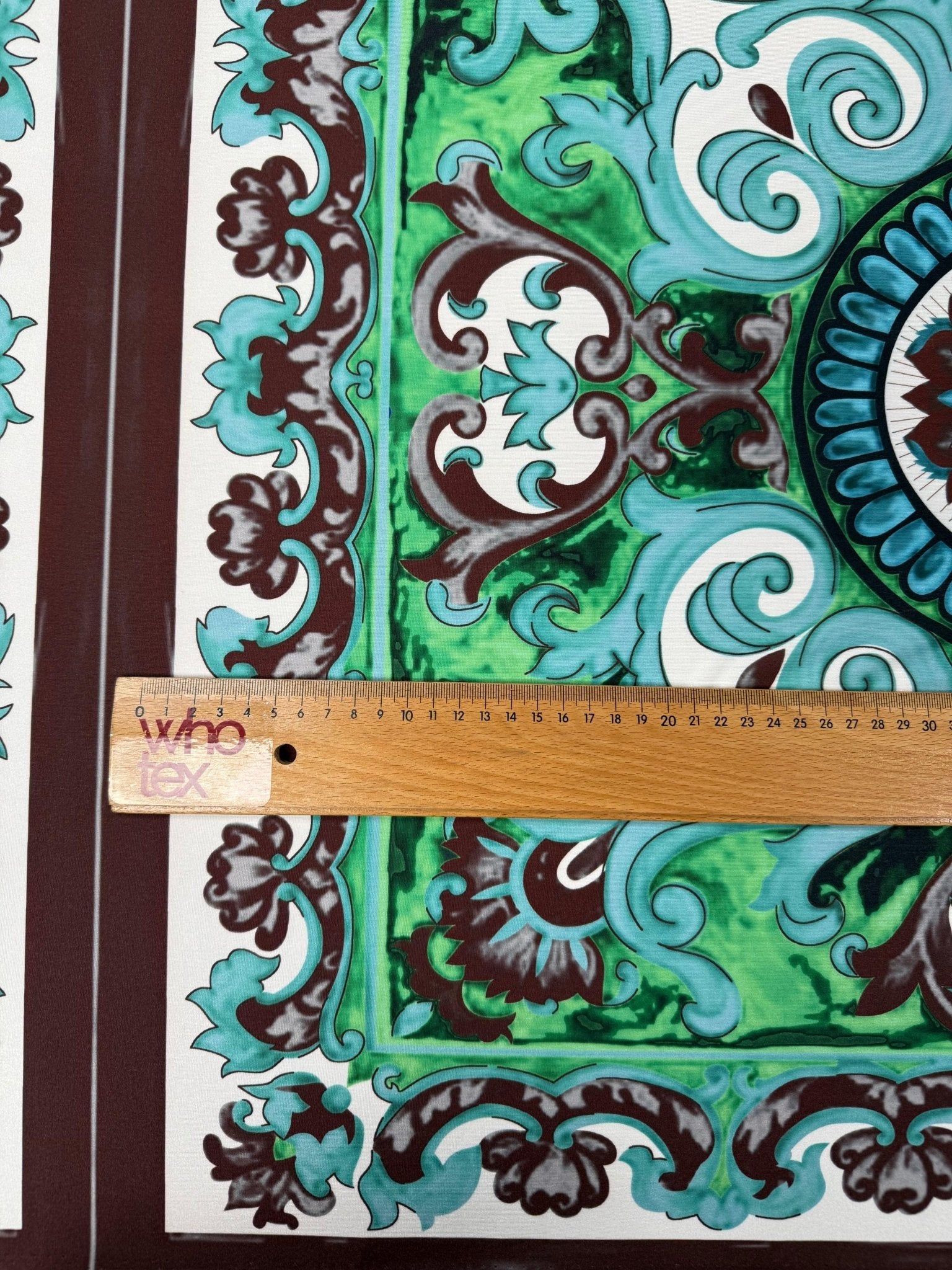 Green Ornamental Paisley Lycra Stretch Fabric by the Metre - Whotex Fabrics London