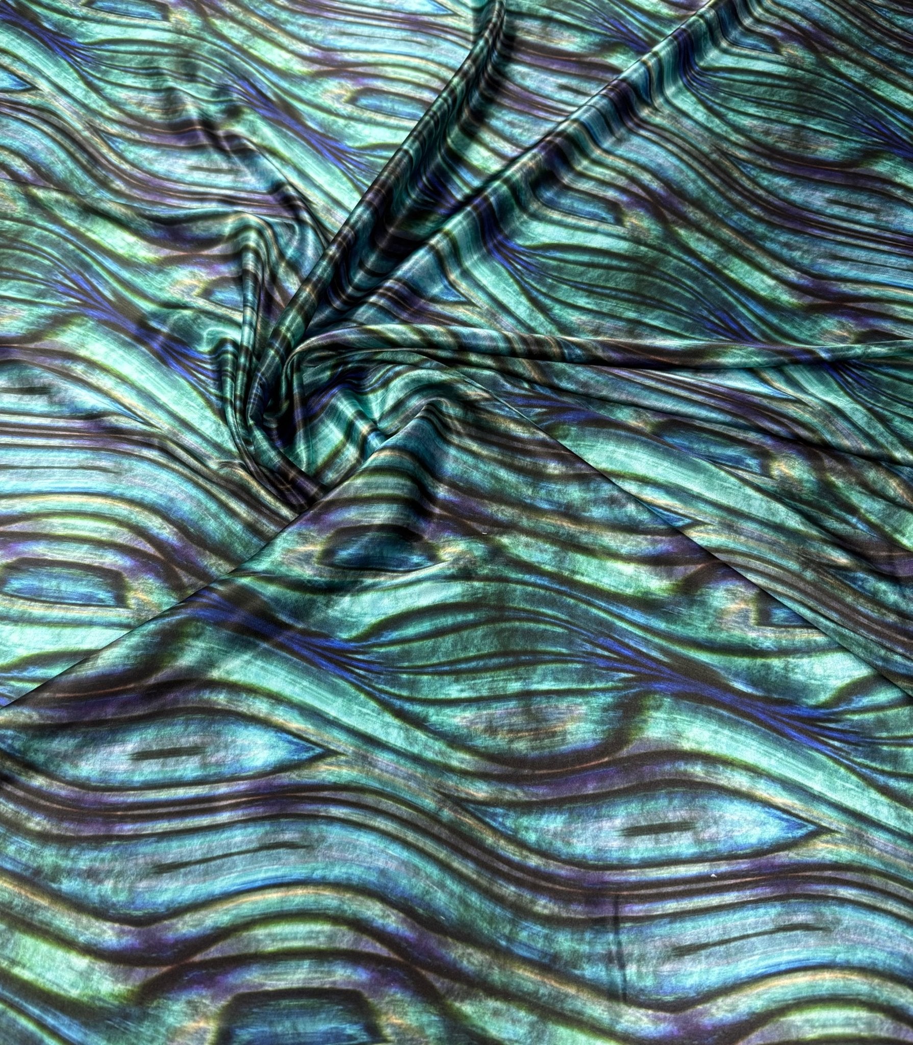 Green Wave Print Lycra Satin Fabric by the Metre - Whotex Fabrics London