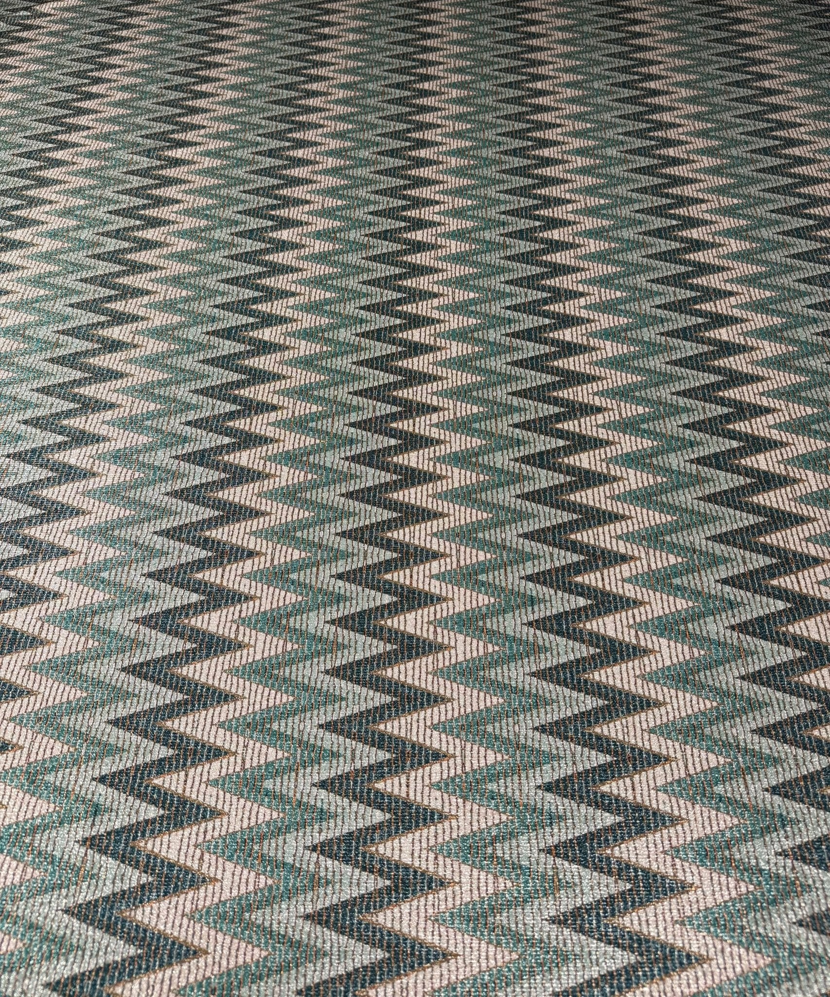 Green Zigzag Pattern Gold Lurex Fabric - Whotex Fabrics London