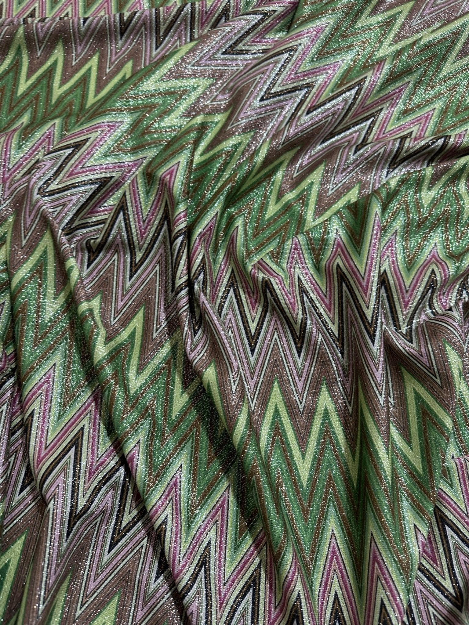 Green Zigzag Pattern Knit Fabric, Lurex Fabric, 4 - Way Stretch - Whotex Online Fabric Store