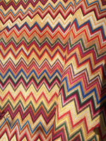 Colorful zigzag chevron upholstery fabric with vibrant digital print for outdoor use, 150cm wide.
