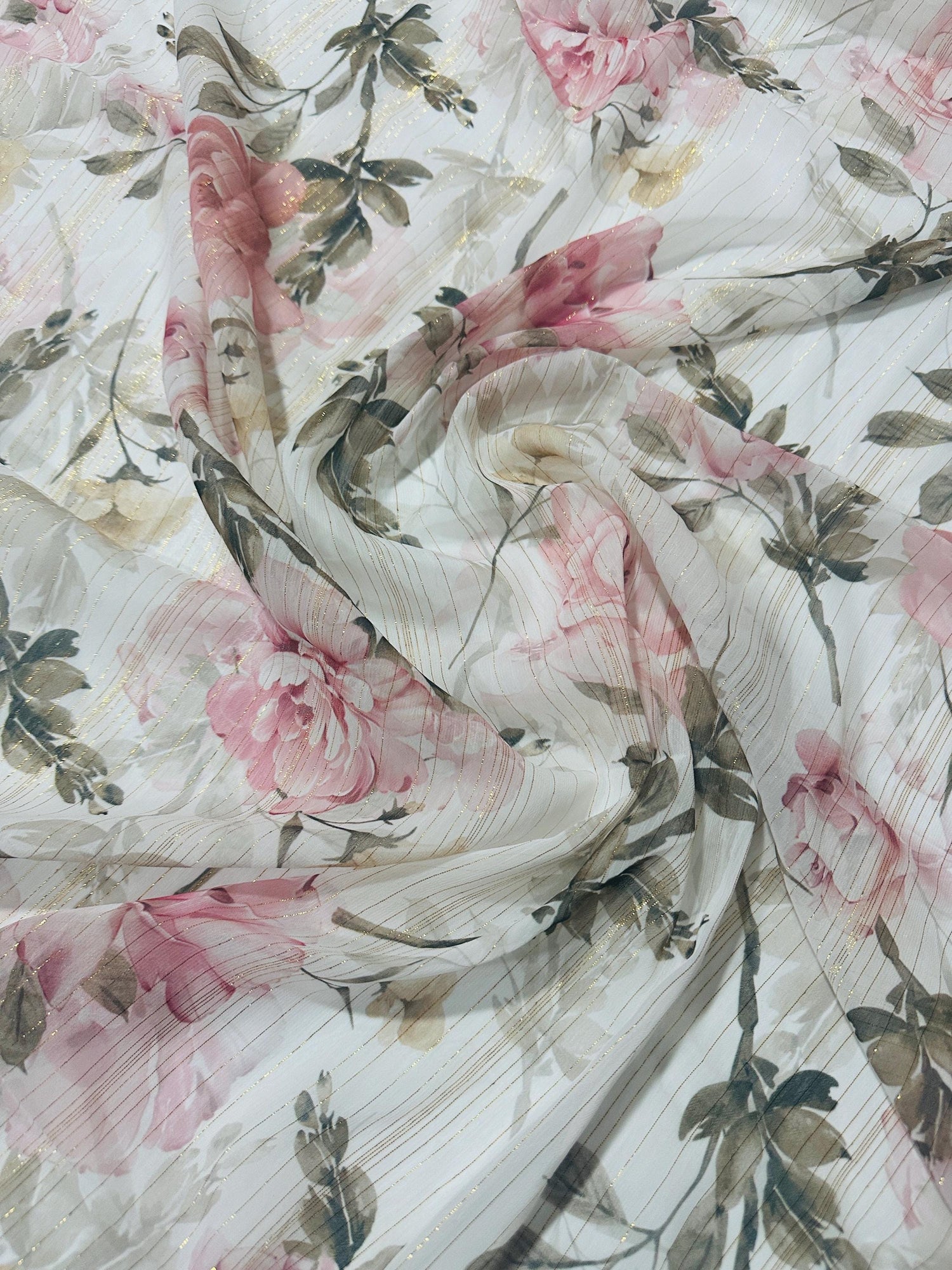 Gold Striped Floral Print Fabric