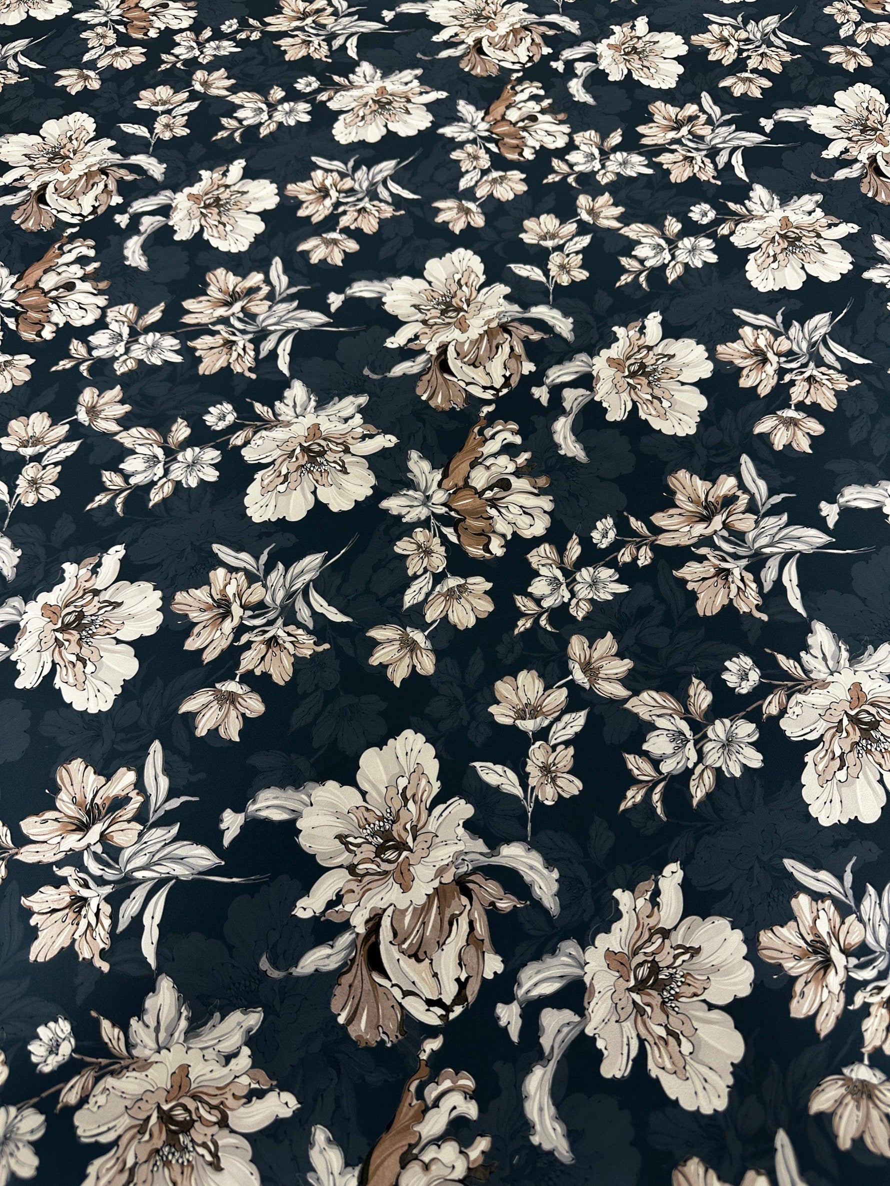 Vintage floral fabric with beige and brown flowers on a dark background, 150cm wide, perfect for sewing and crafting projects