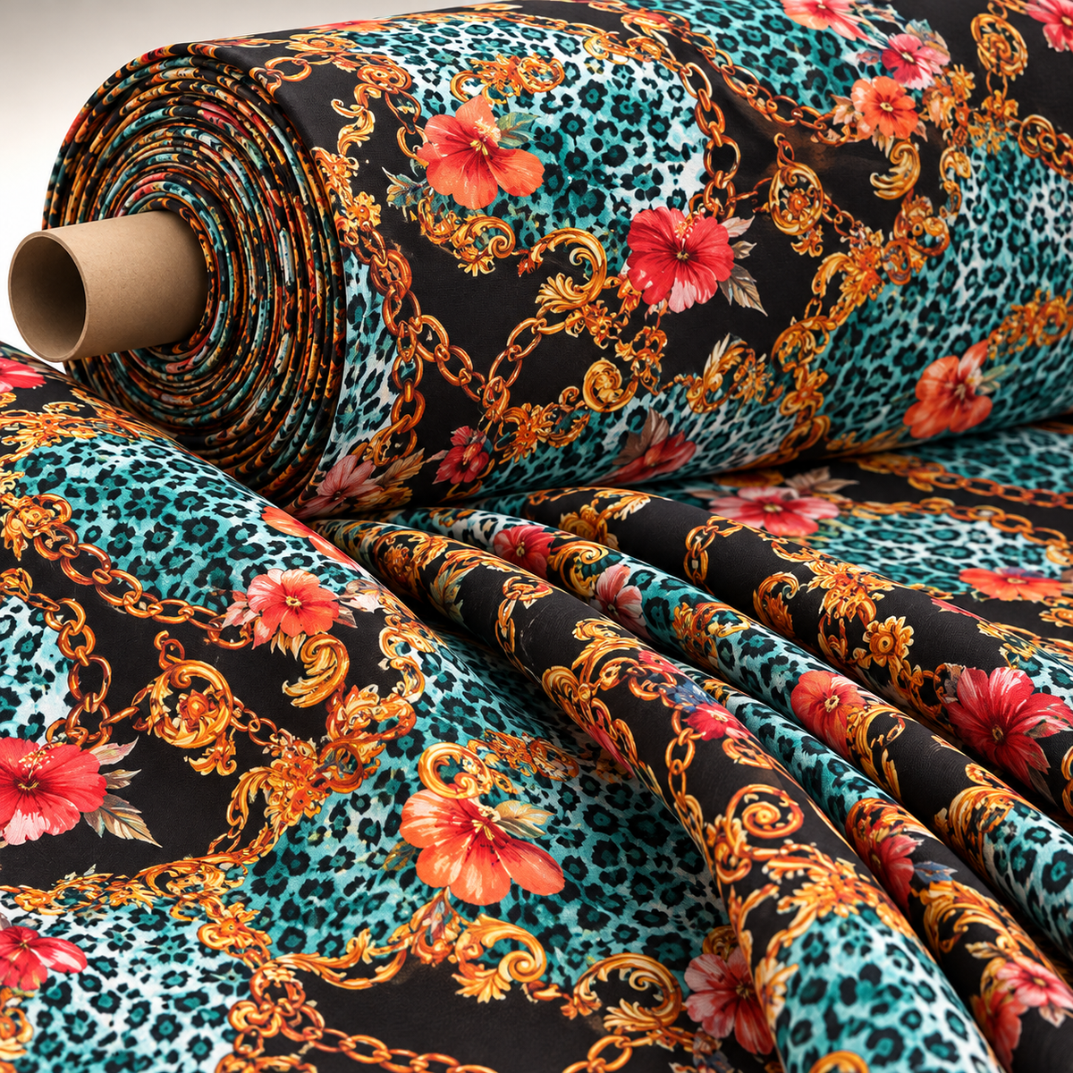 Leopard Print Fabric with Gold Chains and Floral Accentsn Fabric by Metre - Whotex Fabrics London