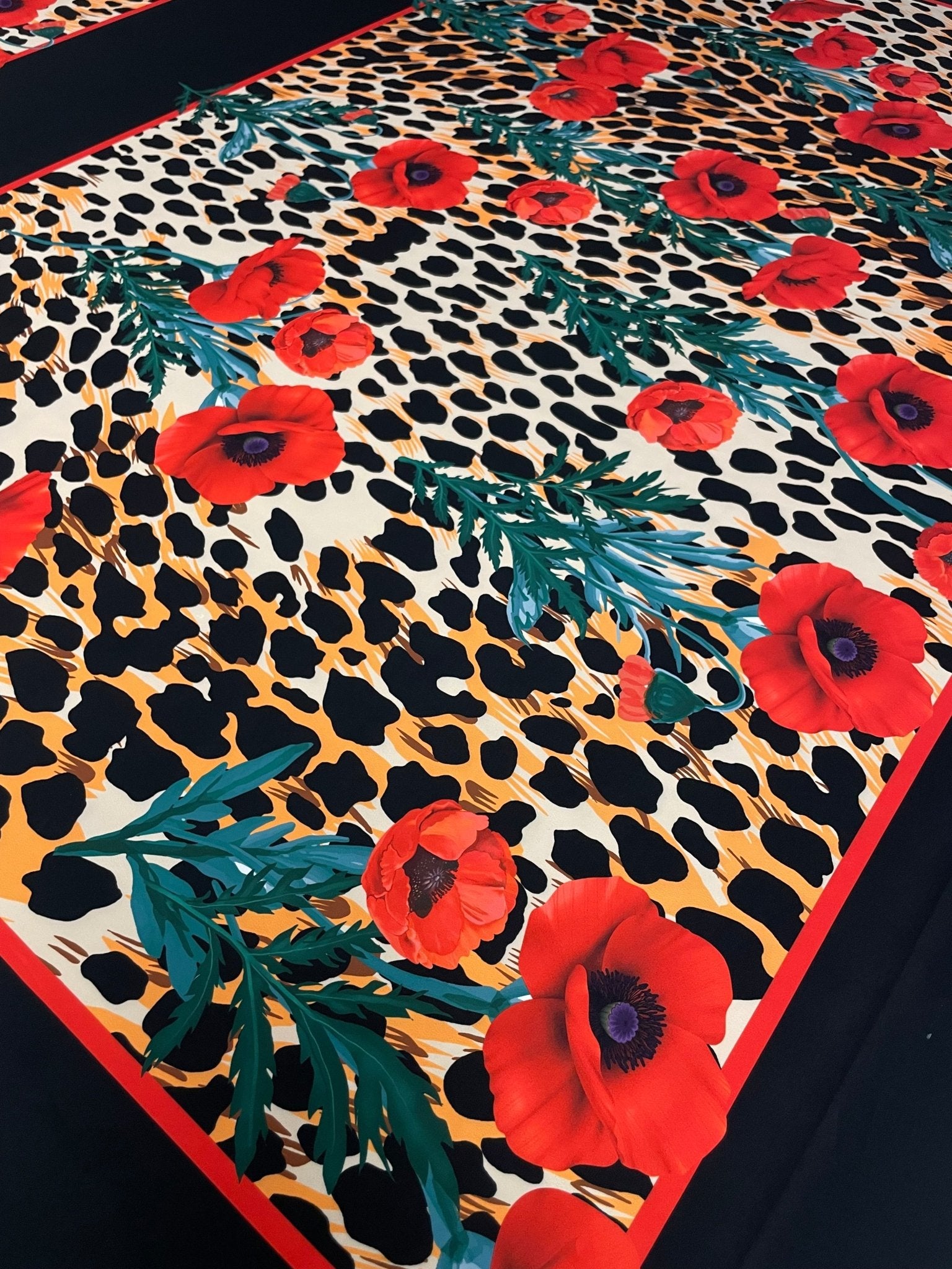 Leopard & Red Poppy Crepe Fabric by the Metre – Bold Design - Whotex Fabrics London