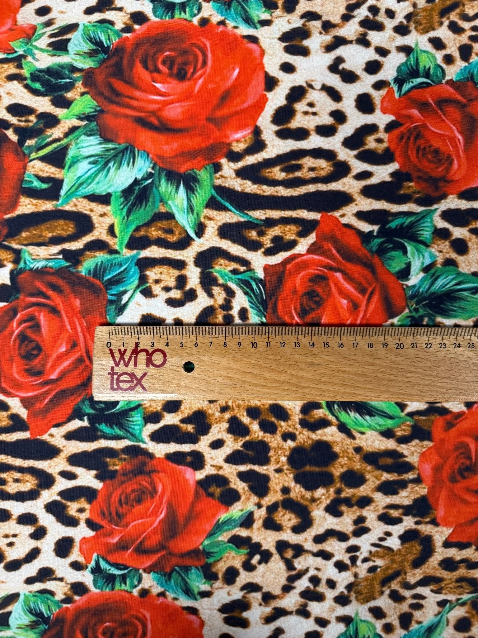 Leopard & Red Rose Organic Cotton Poplin Fabric by the Metre - Whotex Fabrics London