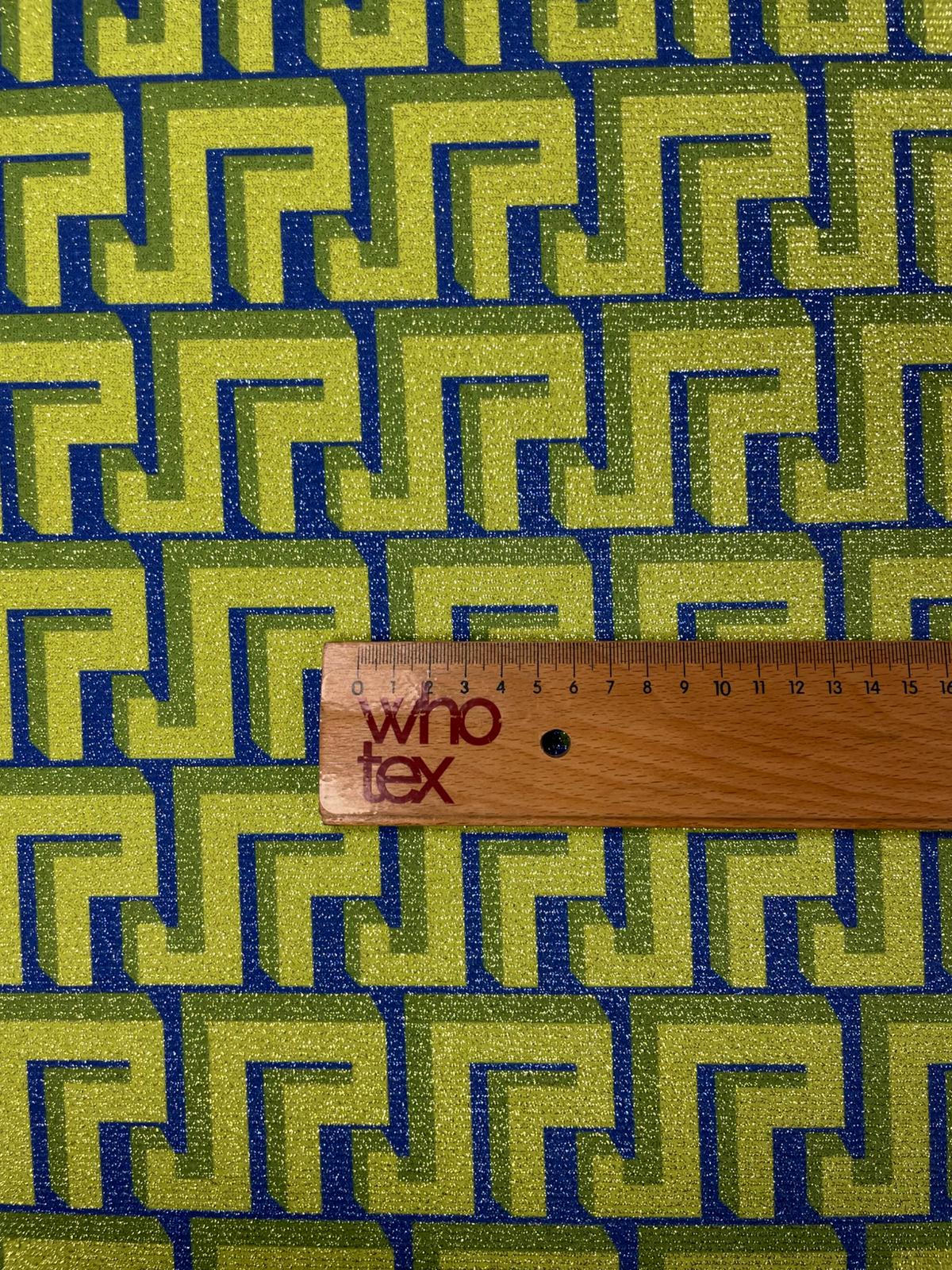 Lime Blue Geometric Lurex Fabric by the Metre - Whotex Fabrics London