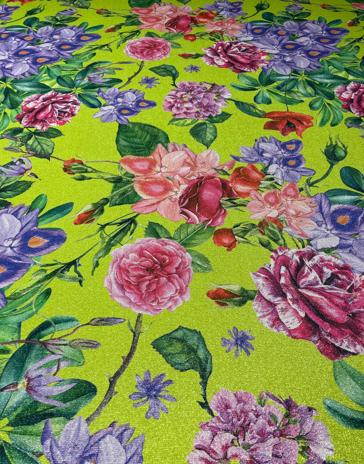 Lime Floral Lurex Fabric by the Metre - Whotex Fabrics London
