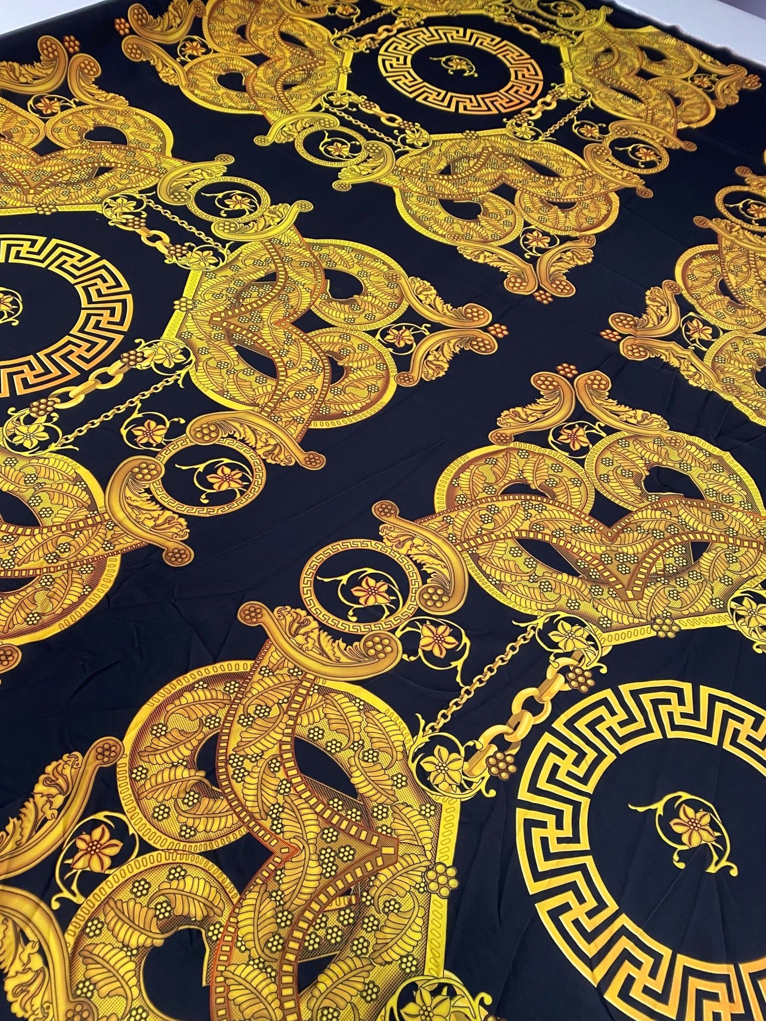 Luxury Baroque Chain Crepe Fabric by the Metre – Black & Gold Ornate - Whotex Online Fabric Store
