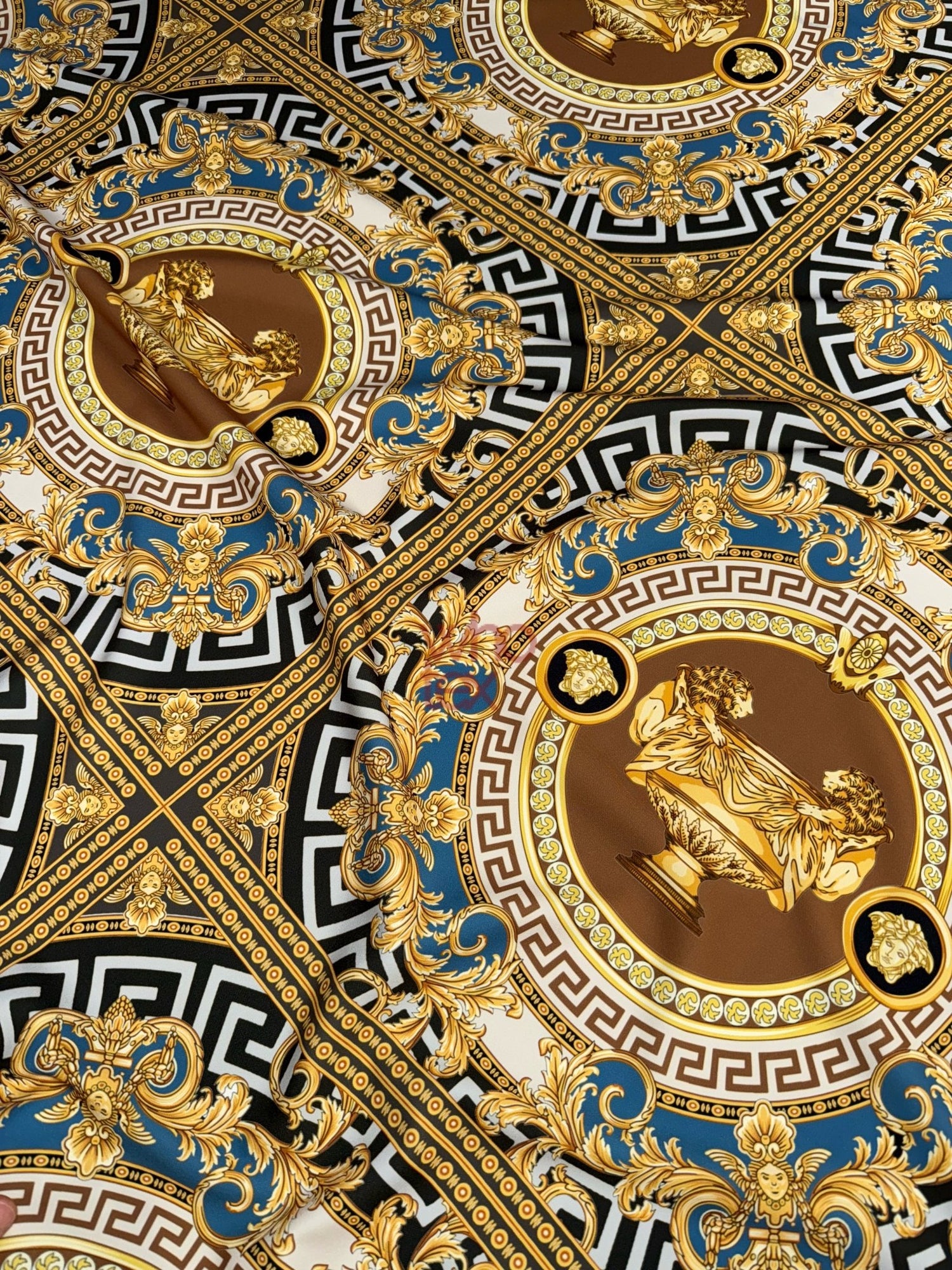 Luxury Baroque Design Fabric - Gold & Blue Ornate Pattern Fabric By The Yard - Whotex Online Fabric Store
