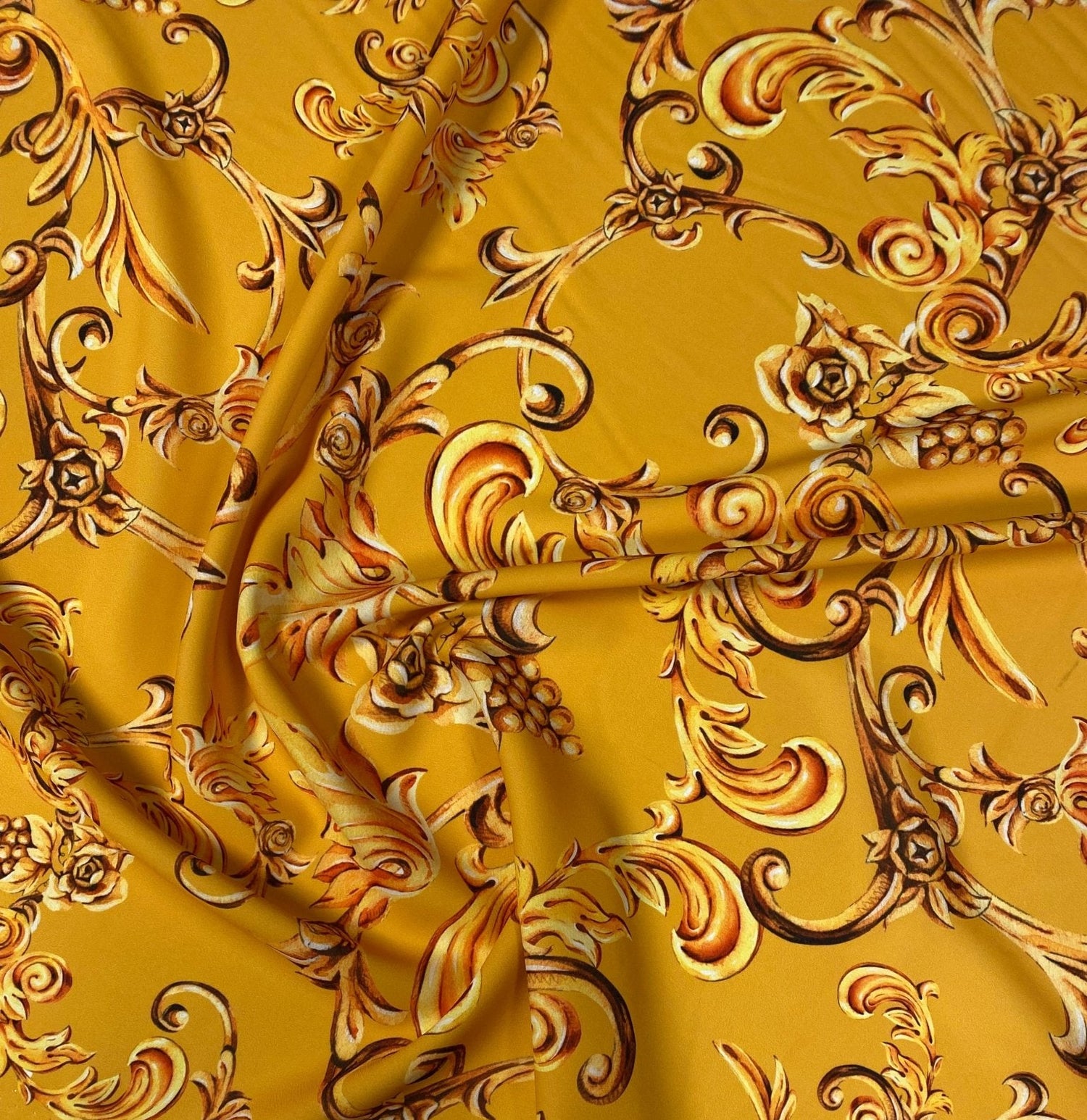 Luxury Baroque Floral Crepe Fabric by the Metre – Golden Yellow - Whotex Online Fabric Store