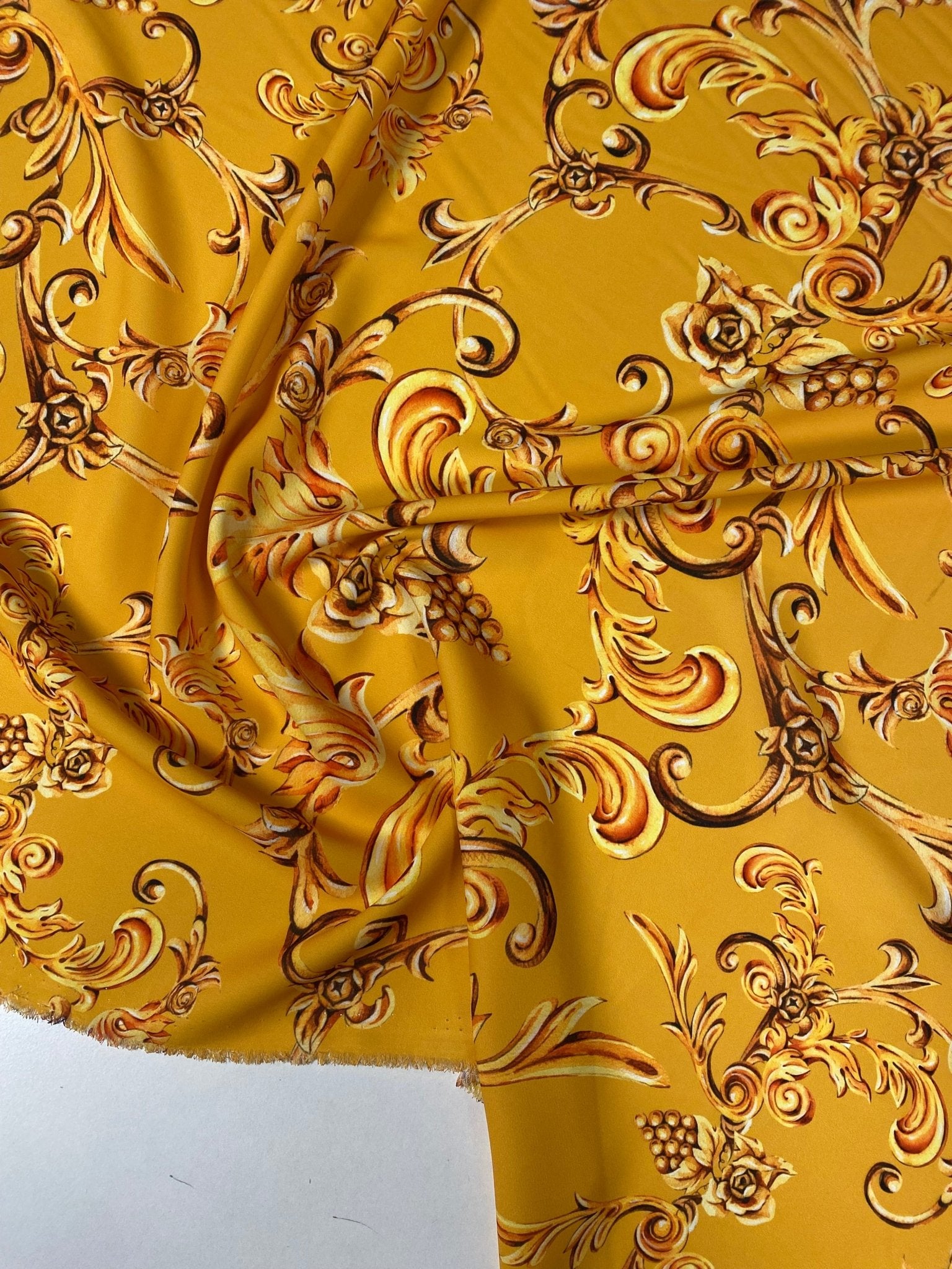 Luxury Baroque Floral Crepe Fabric by the Metre – Golden Yellow - Whotex Online Fabric Store