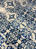 Luxury Blue & White Chiffon Satin Fabric by the Metre – Baroque Tile Print - Whotex Online Fabric Store