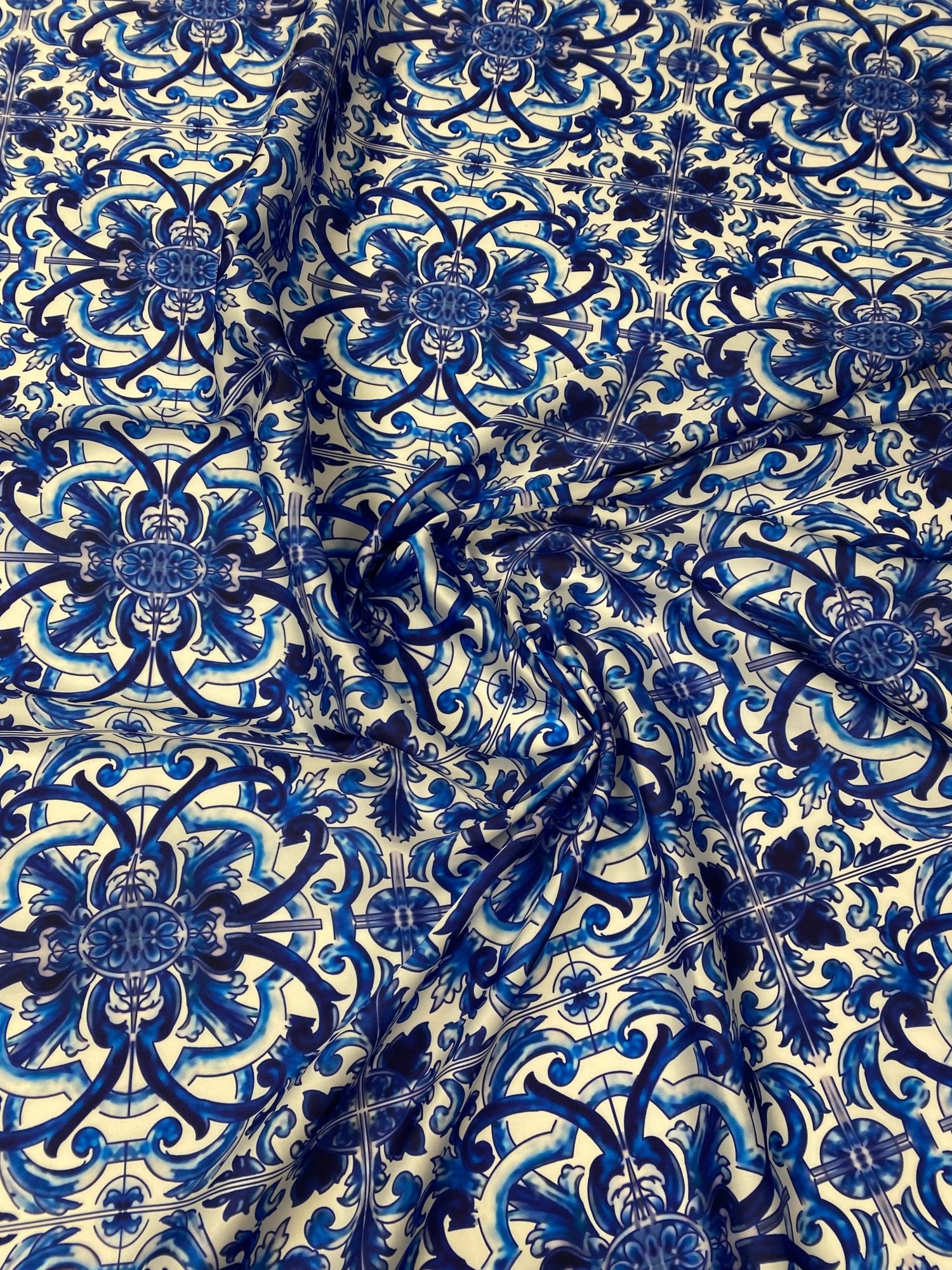 Majolica Blue White Swirl Fabric by Metre - Whotex Fabrics London