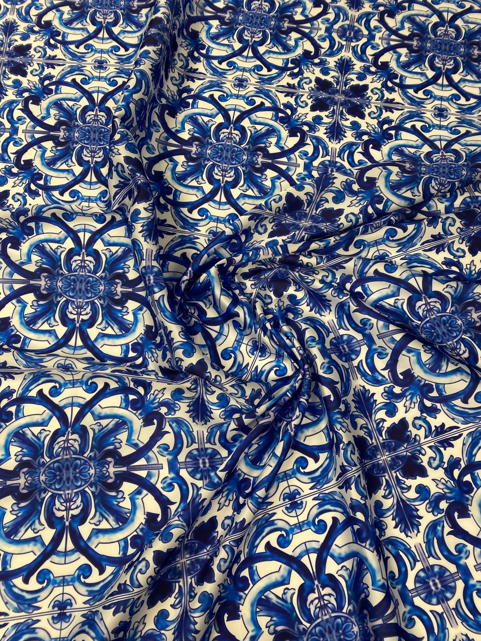 Majolica Blue White Swirl Fabric by Metre - Whotex Fabrics London