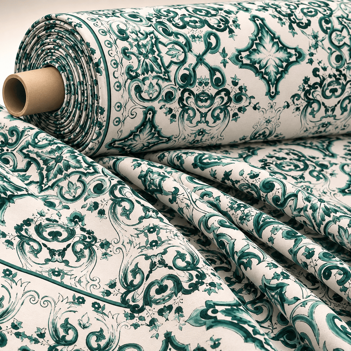 Majolica Floral Scroll Green White Fabric by the Metre - Whotex Fabrics London