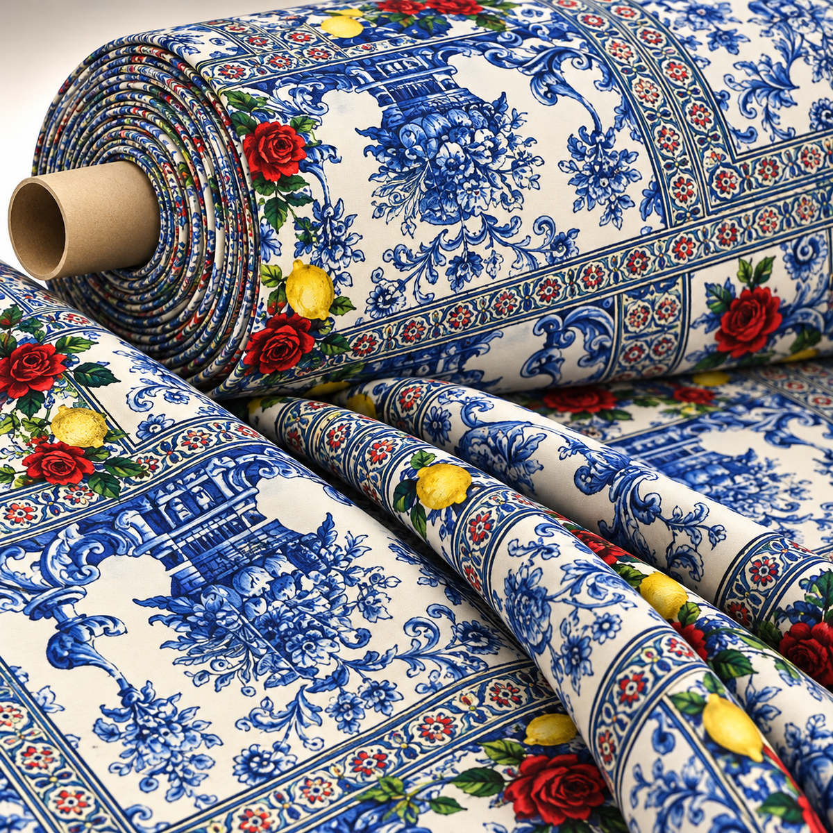 Majolica Mosaic Pattern Italian Tile Fabric - Whotex Fabrics London