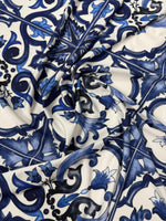 Majolica Pattern Blue White Swirl Crepe Fabric – Custom Printed Fabric, Choose Material by Metre - Whotex Fabrics London