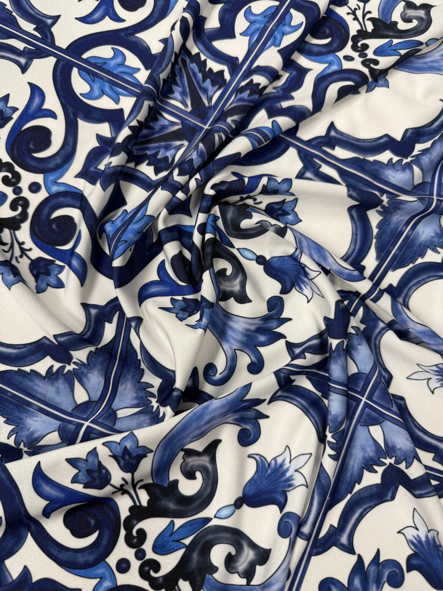 Majolica Pattern Blue White Swirl Crepe Fabric – Custom Printed Fabric, Choose Material by Metre - Whotex Fabrics London