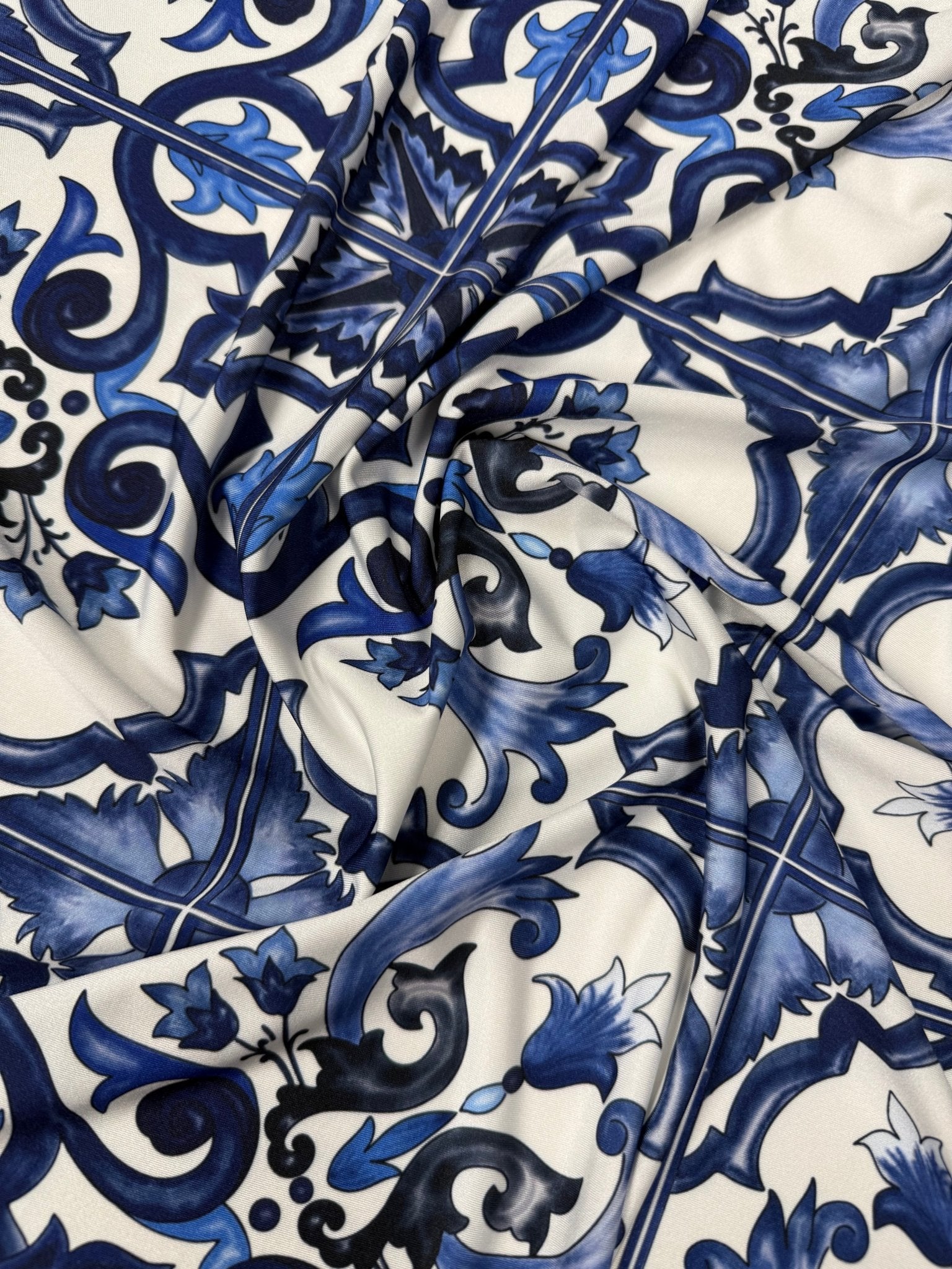 Majolica Pattern Blue White Swirl Crepe Fabric – Custom Printed Fabric, Choose Material by Metre - Whotex Fabrics London