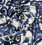Majolica Pattern Blue White Swirl Fabric by Metre - Whotex Fabrics London