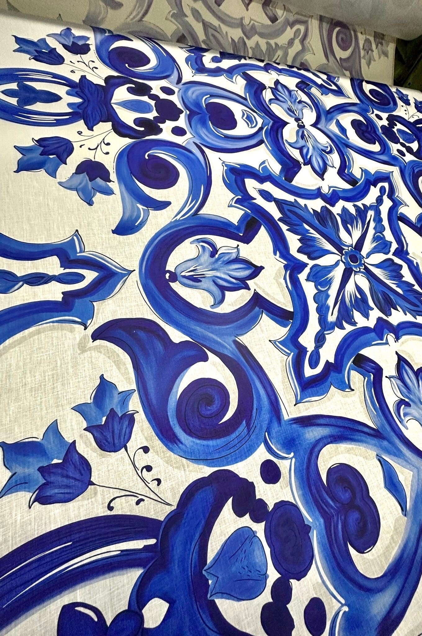 Majolica Pattern Linen Fabric, Blue and white Fabric - Whotex Online Fabric Store