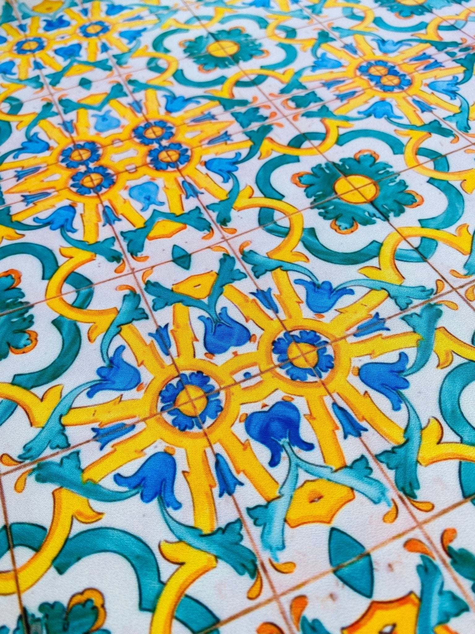 Yellow, Blue & Green Pattern Mediterranean Tile Print Fabric ...