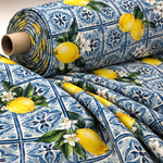 Mediterranean Lemon and Blue Tile Print Fabric - Whotex Fabrics London