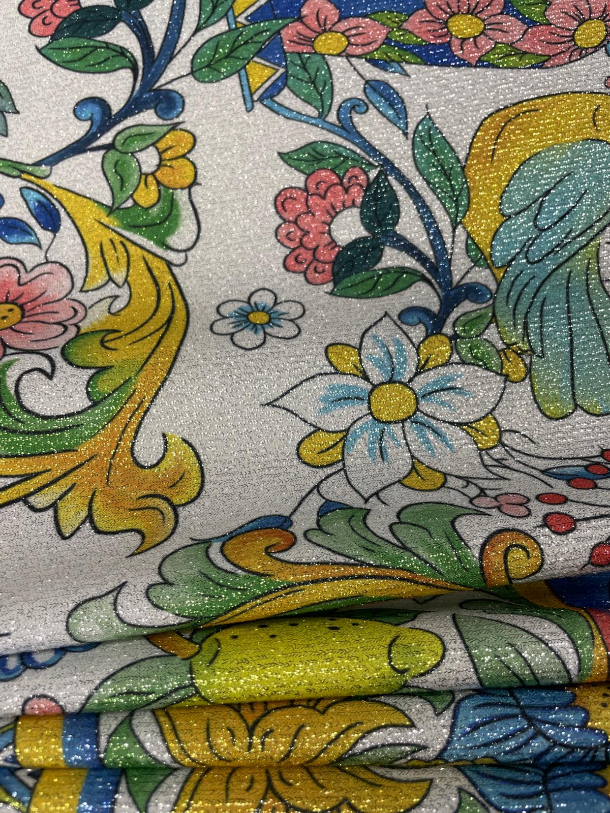 Mediterranean Print Lurex Fabric by the Metre - Whotex Fabrics London