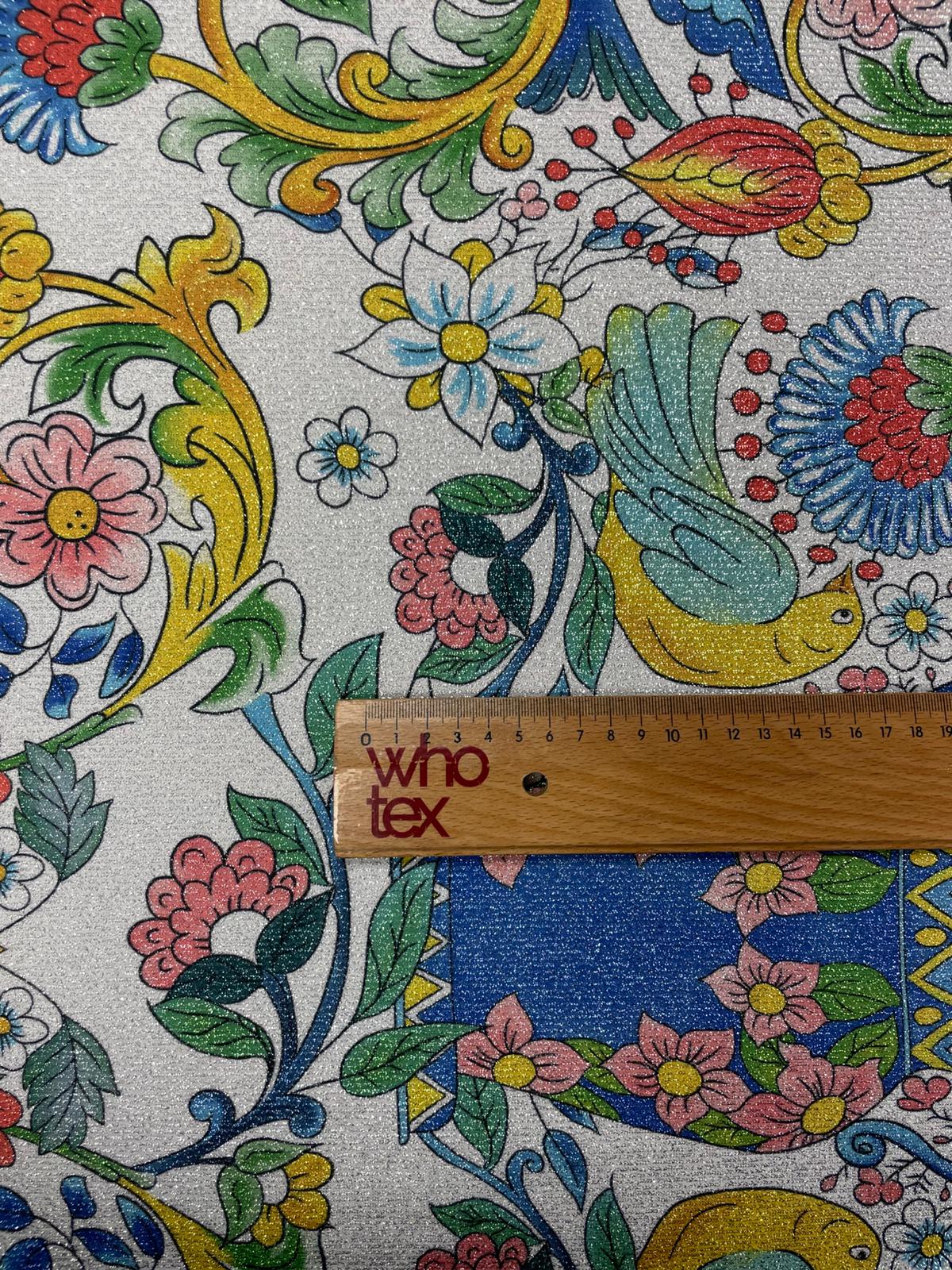 Mediterranean Print Lurex Fabric by the Metre - Whotex Fabrics London